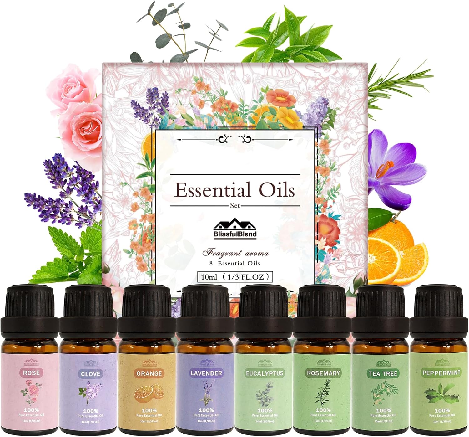 Aromatherapy Essential Oils Set, Pure Essential Oils for Diffusers for Home Care, Skin, Candle Making 8pcs -Peppermint, Lavender, Eucalyptus, Tea Tree, Rose, Rosemary, Clove, Orange 10 ML