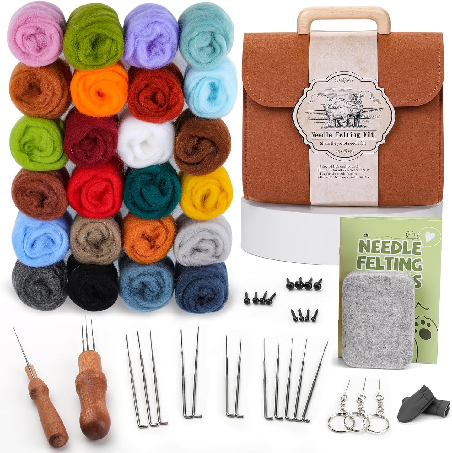 luokefe 24 Colors Needle Felting Kit, Felting Supplies with Storage Bag, Wool Kit with Wool Bulk, Needles, Pad for DIY Crafts Decoration