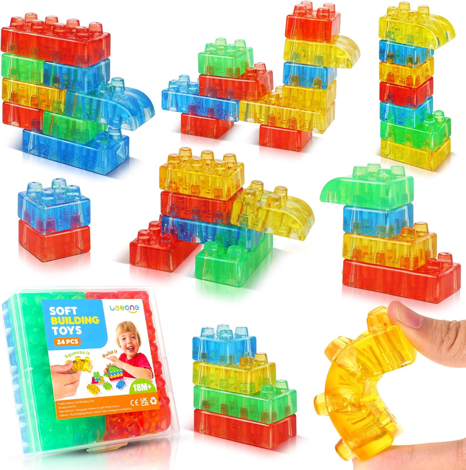 LESONG Sensory Soft Building Blocks for Toddlers: 24PCS Squeezable Silicone Stacking Toys – Early Learning Construction Playset for Preschool Fine Motor Skills, Birthday Gifts