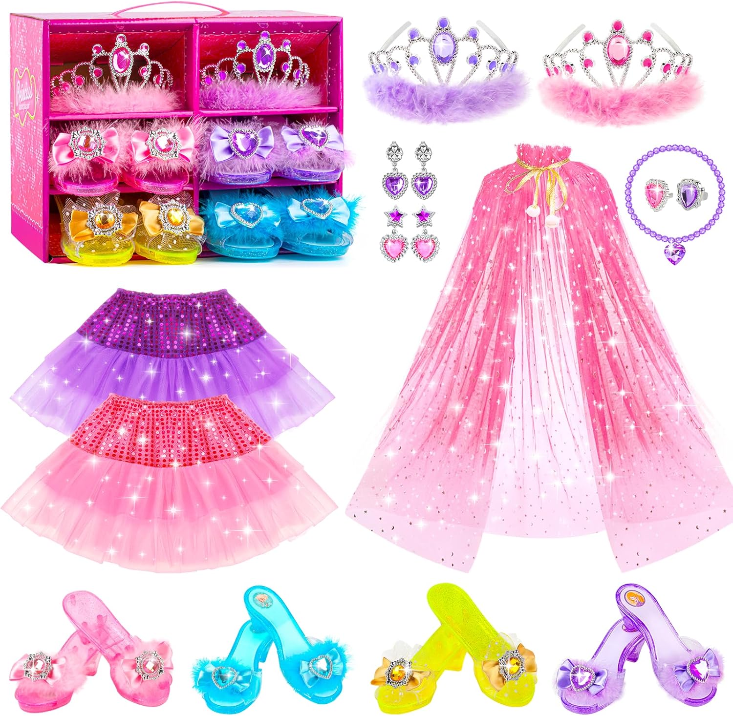 Jeowoqao Princess Dress up Shoes,Girls Dress up Shoes Princess Dress Up Pretend Play Set 4 Pair of Princess Shoes, Princess Dresses Princess Cape Jewelry Toys for Toddler Girls Age 3 4 5 6 Years Gift