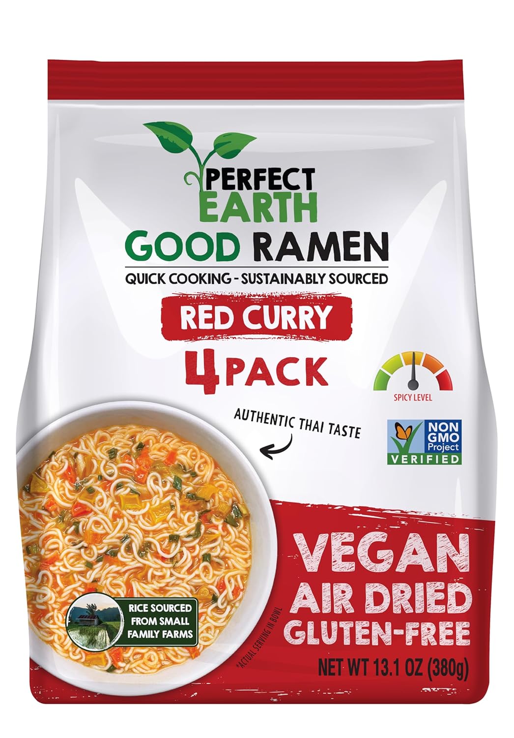 Perfect Earth Good Ramen Red Curry Noodles - Authentic Vibrant Thai Flavor, Medium Spice, Organic & Gluten-Free Instant Noodle Ramen Bowl, Pantry Staples Cooked in Just Minutes (4 Pack)