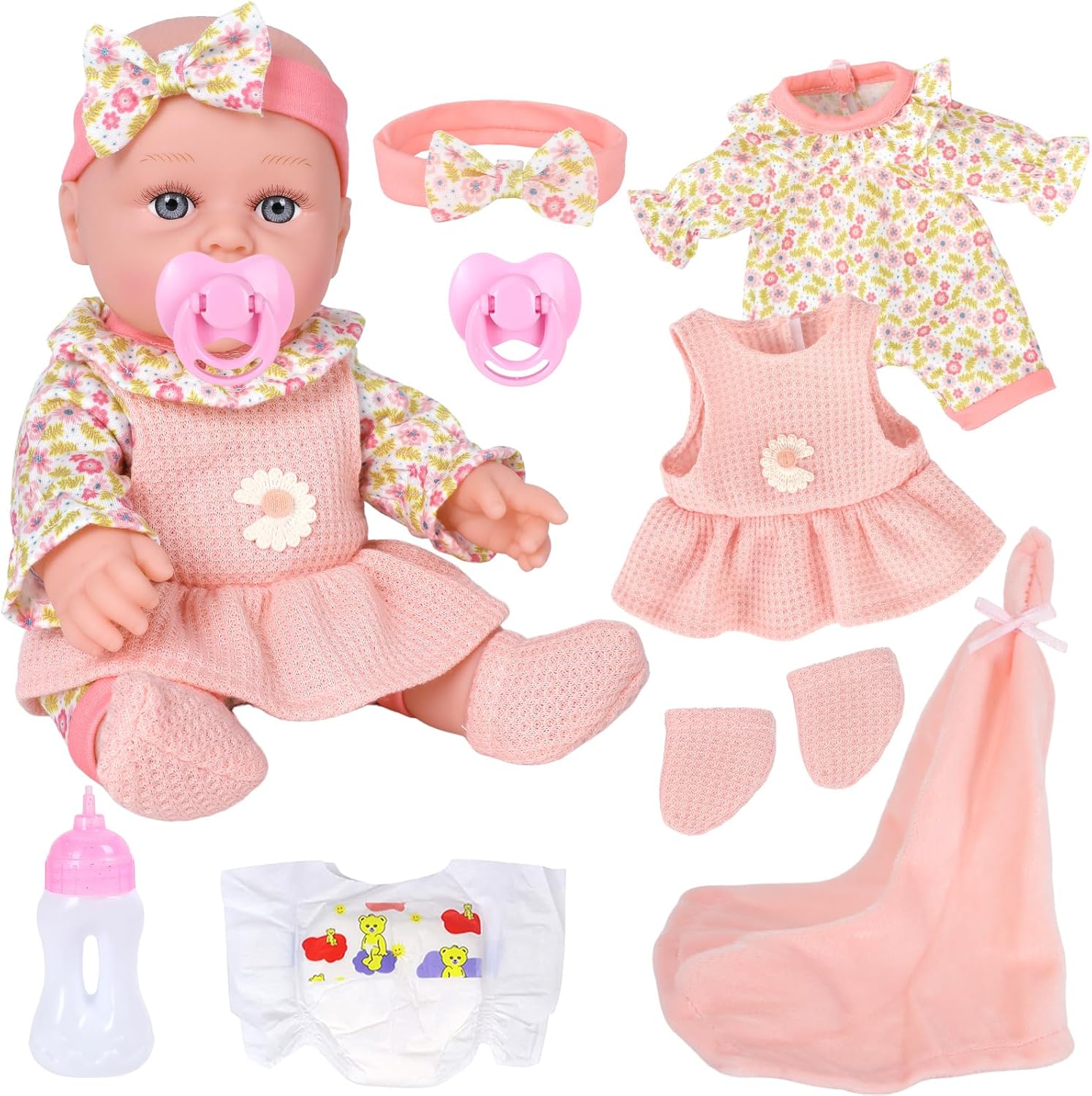 DONTNO 12 Inch Baby Doll with Clothes,Newborn Baby Doll Includes Doll Clothes,Bottles,Nipple,Diaper,Microfabric Blanket,First Baby Dolls for Toddlers 36 Months and Up