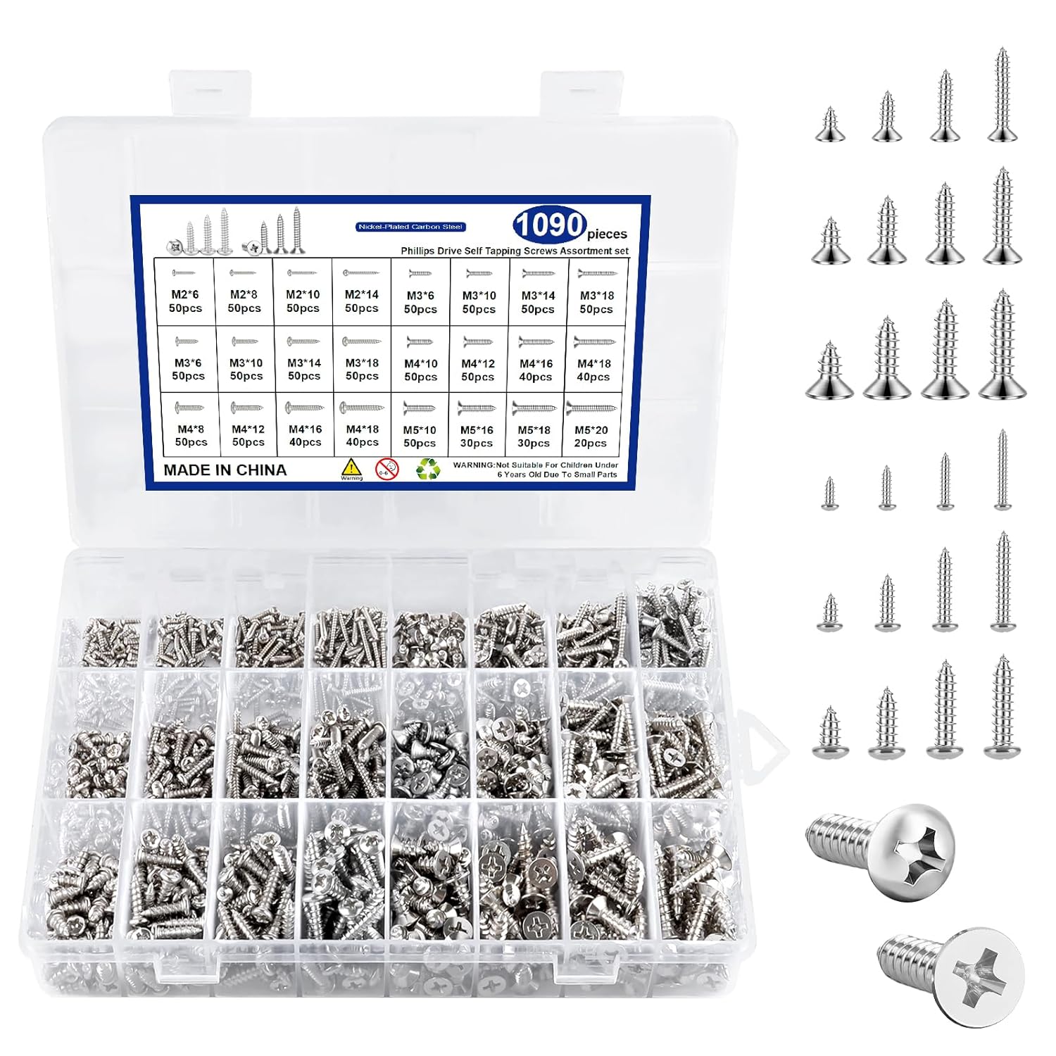1090 Pcs Self Tapping Screws Mixed Set, M2/M3/M4/M5 Self tapping Screws Metal, Screws for Wood, Cross Slot Screw Set (510 Flat Heads, 580 Round Heads)