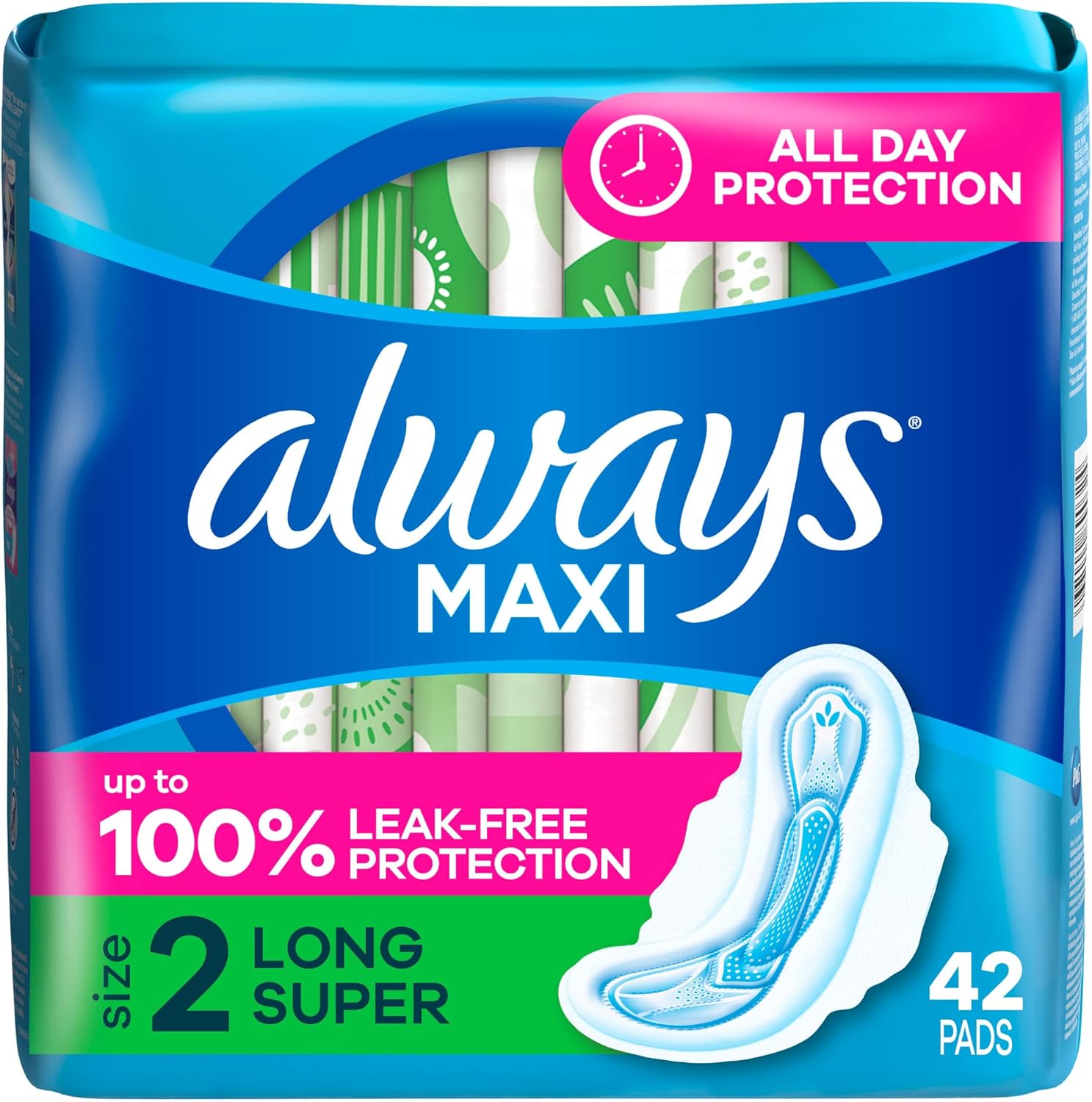 Always Maxi Feminine Pads with Wings for Women, Size 2, Long Super Absorbency, Unscented 42 Count (Packaging May Vary)