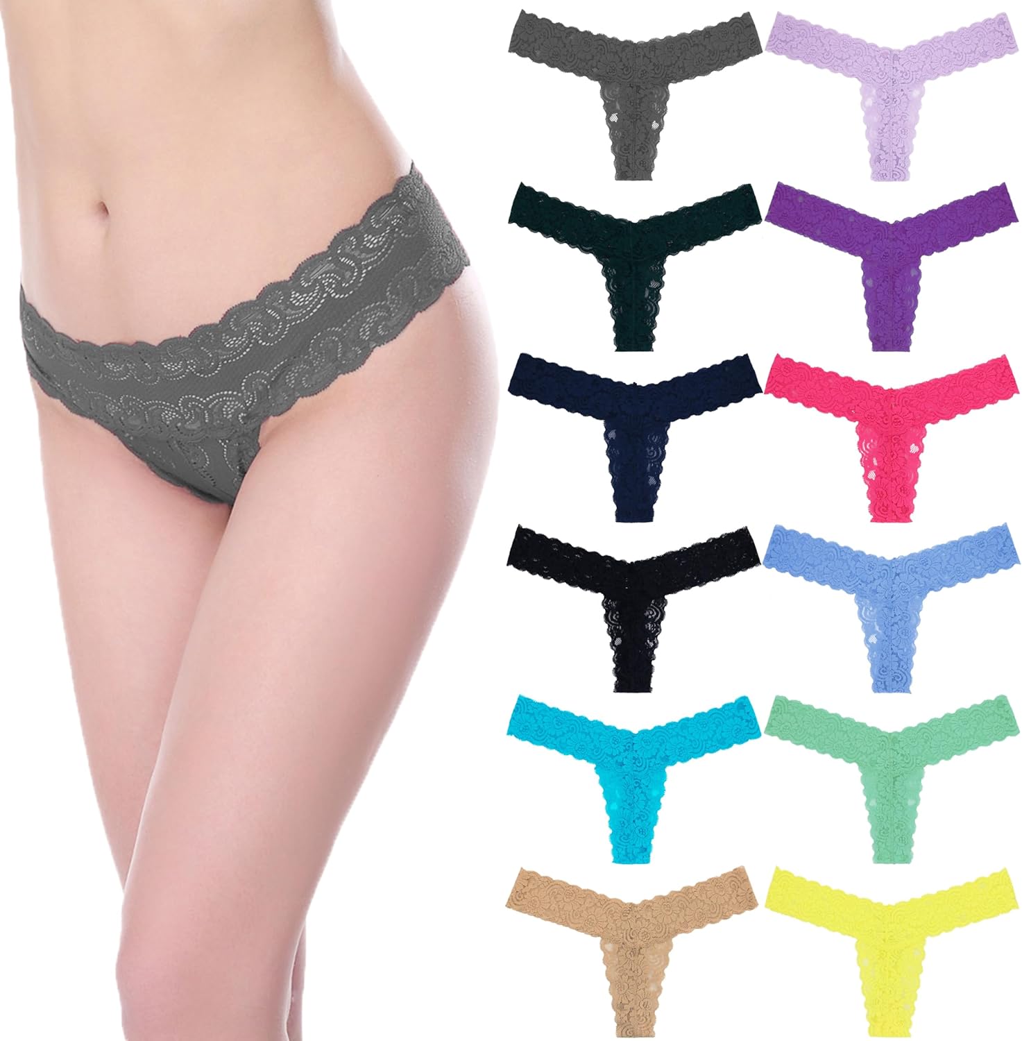 Curve Muse Pack of 6 Women's Sexy Lace Thongs Low Rise One Size Panties