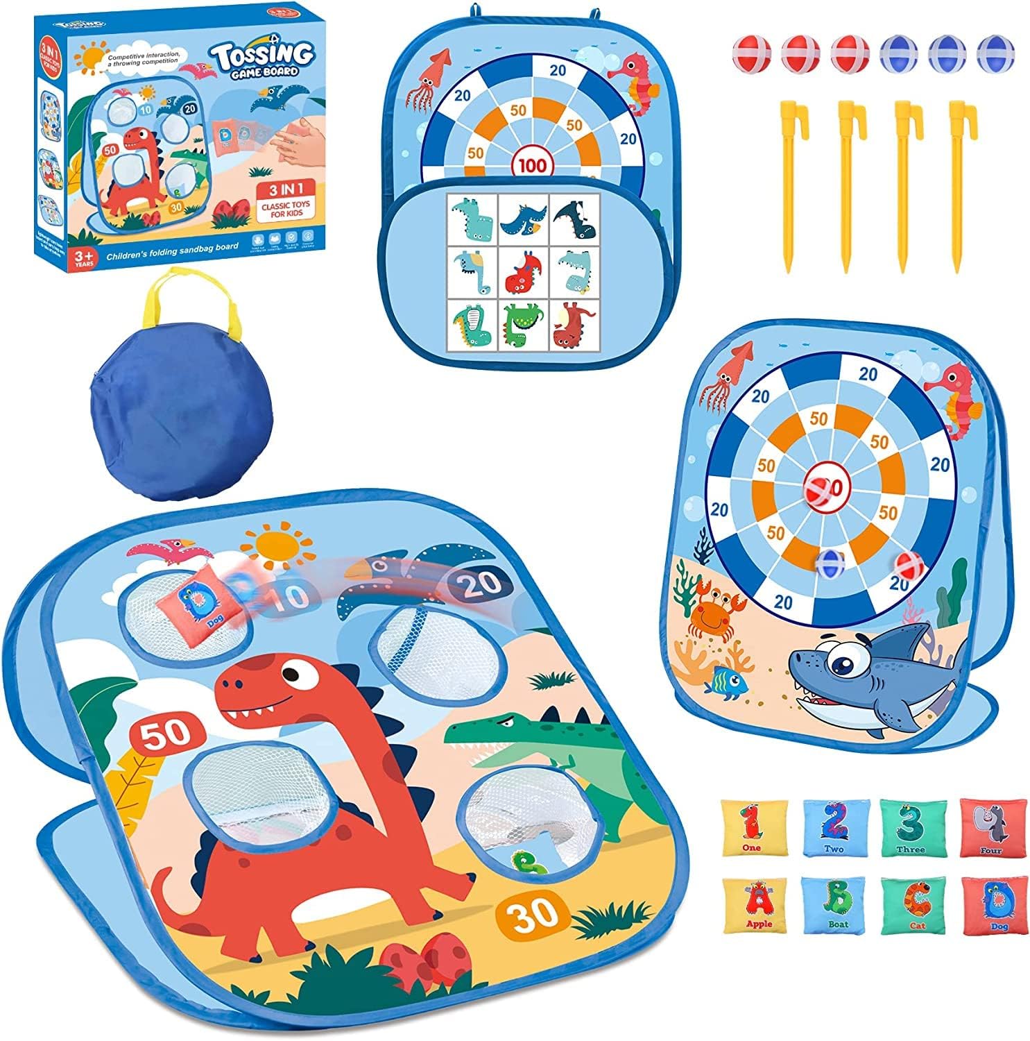 LATERN 3 In 1 Bean Bag Toss Game Toy, Dinosaur Ocean Theme Foldable Corn Hole Game, Safety Dart Game and Tic Tac Toe Game for Boys Girls Indoor Outdoor Garden Party
