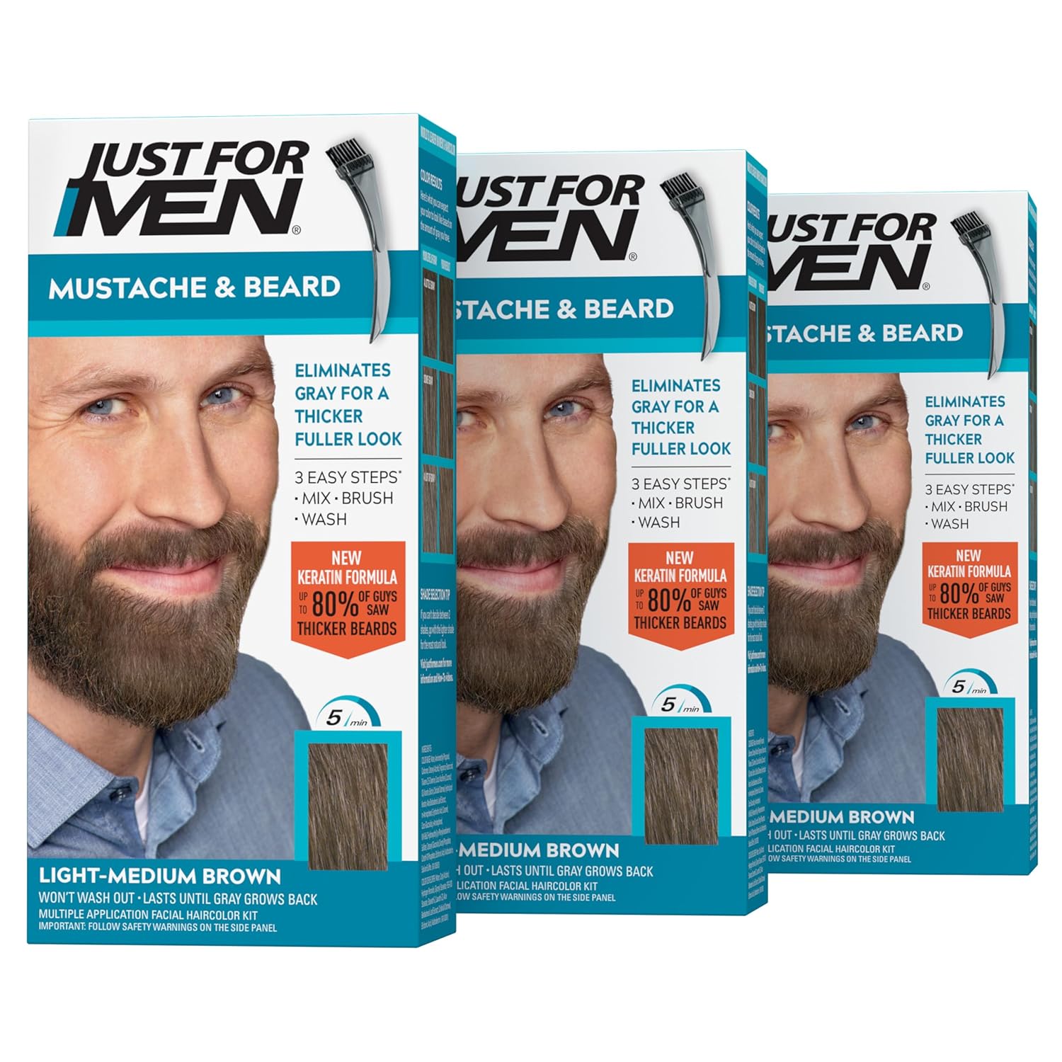 Just For Men Mustache & Beard, Beard Coloring for Gray Hair with Brush, With Keratin Biotin Aloe and Coconut Oil for Healthy Facial Hair - Light-Medium Brown, M-30, Pack of 3 (Packaging May Vary)