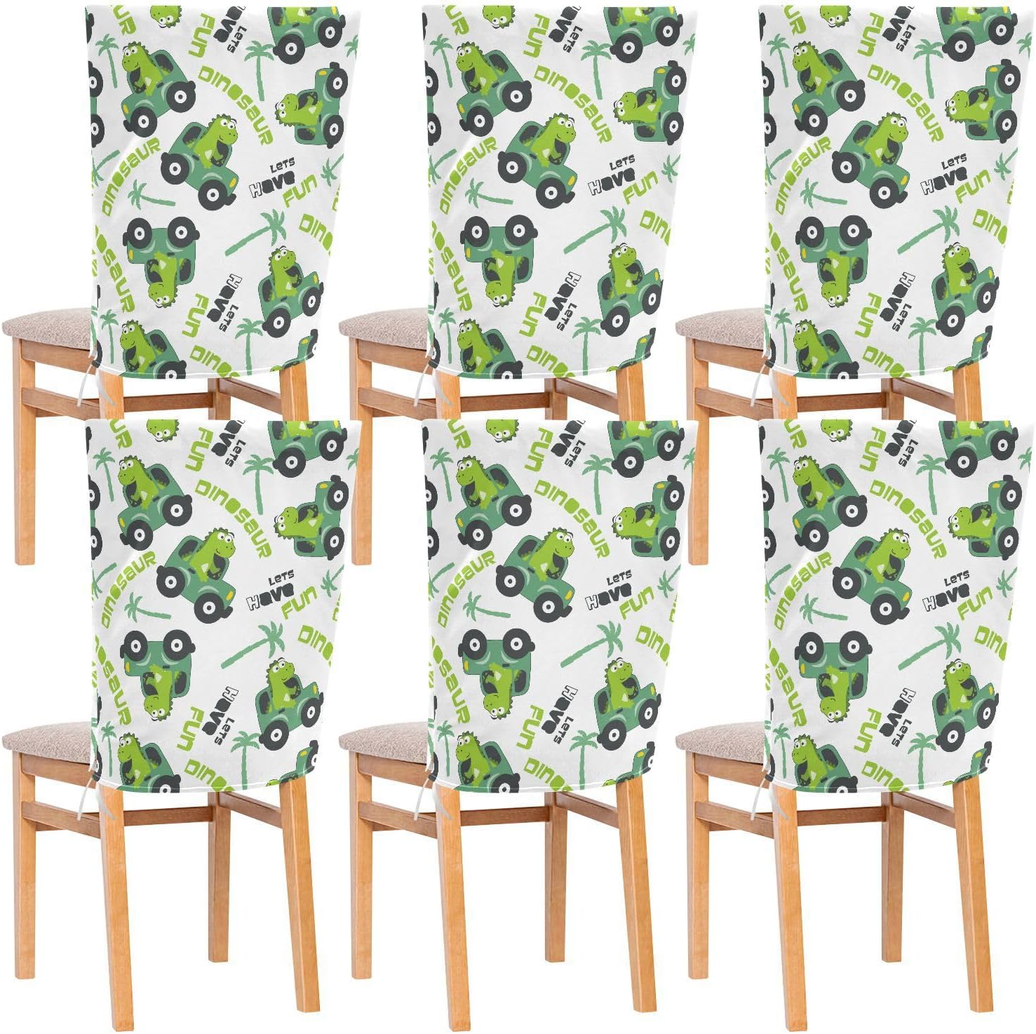 FRODOTGV Cute Dinosaur Driving Car Coconaut Tree Chairs Covers for Retro Dining Chairs Birthday Seat Cover for Classroom Chair Set of 6 Soft Chair Covers with Bottom Straps