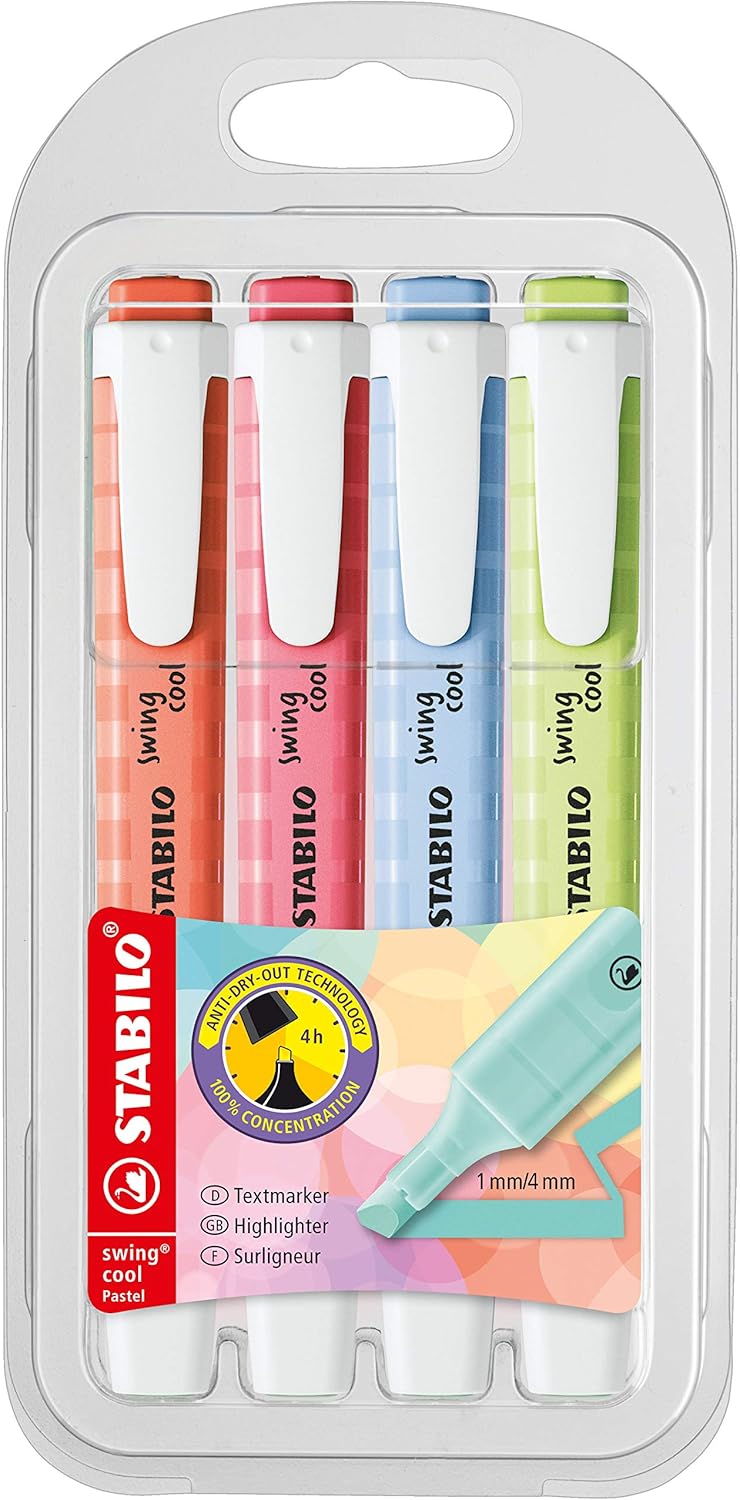 STABILO swing cool Pastel - Highlighter - Pack of 4 - Cherry Blossom Pink, Dash of Lime, Cherry Blossom Pink, Cloudy Blue, Mellow Coral Red