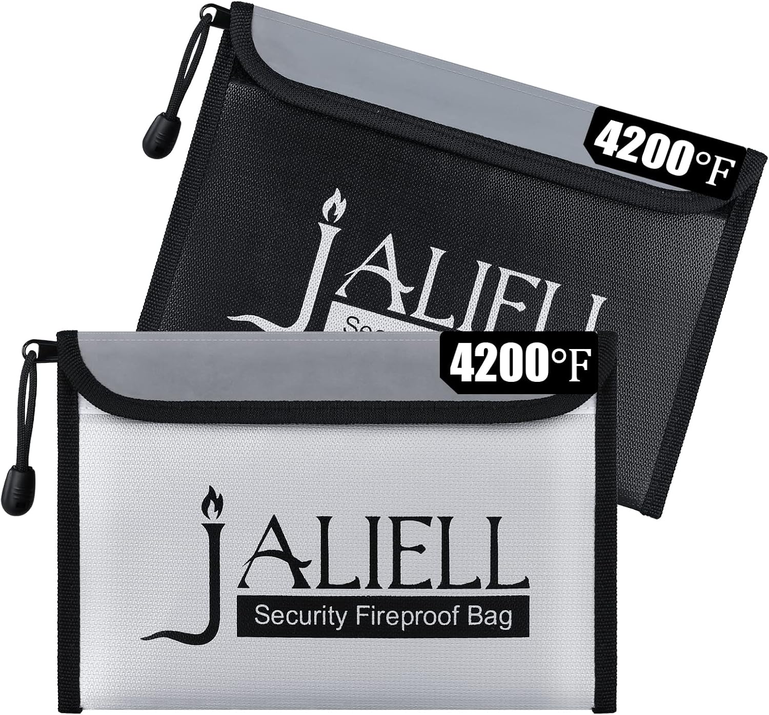 2 Pack Fireproof Money Bag (9.5x6.5''), Non-itchy Waterproof Fireproof Bag with Zipper, Small Fire Proof Money Bag for Cash, Valuables, Passport, Currency & Keys (Black & Grey)