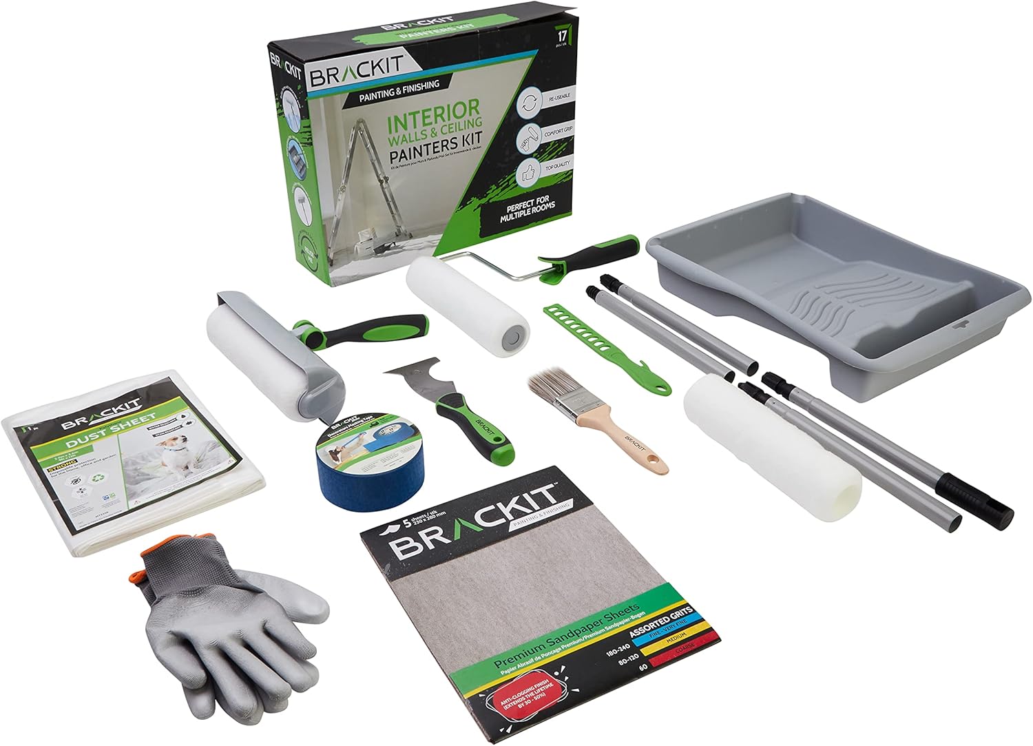 Brackit Interior Walls & Ceiling Painter’s Kit- 17-Piece Decorators’ Supplies - for Indoor Painting with Rollers, Paint Brush, Paint Tray, and More - with a Complete Paint Roller Kit for Decorating