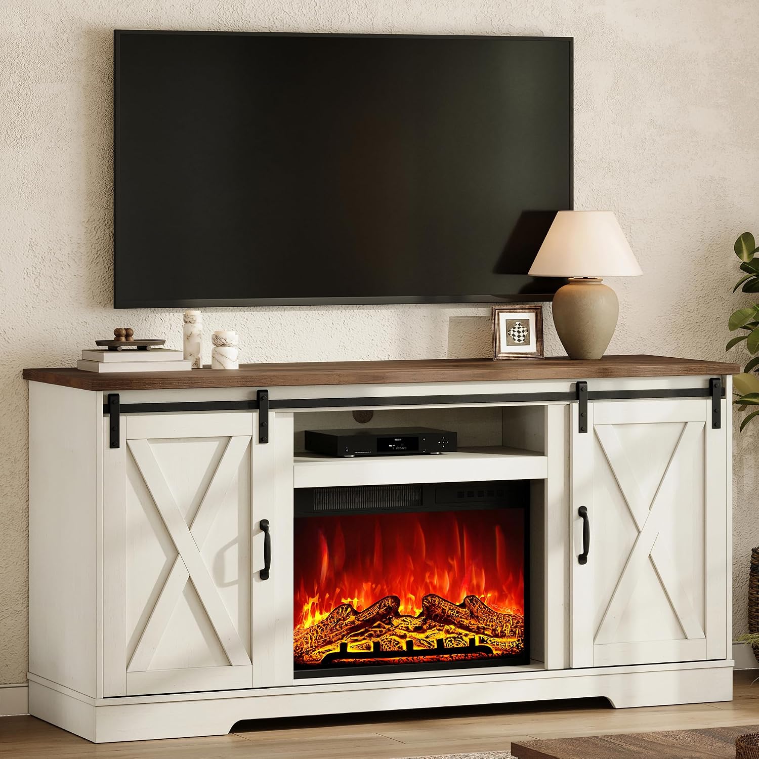 AMERLIFE 59" Fireplace TV Stand for TVs up to 65" with Sliding Barn Doors | Farmhouse Entertainment Center with Storage Cabinets and Adjustable Shelves, Distressed White & Barnwood