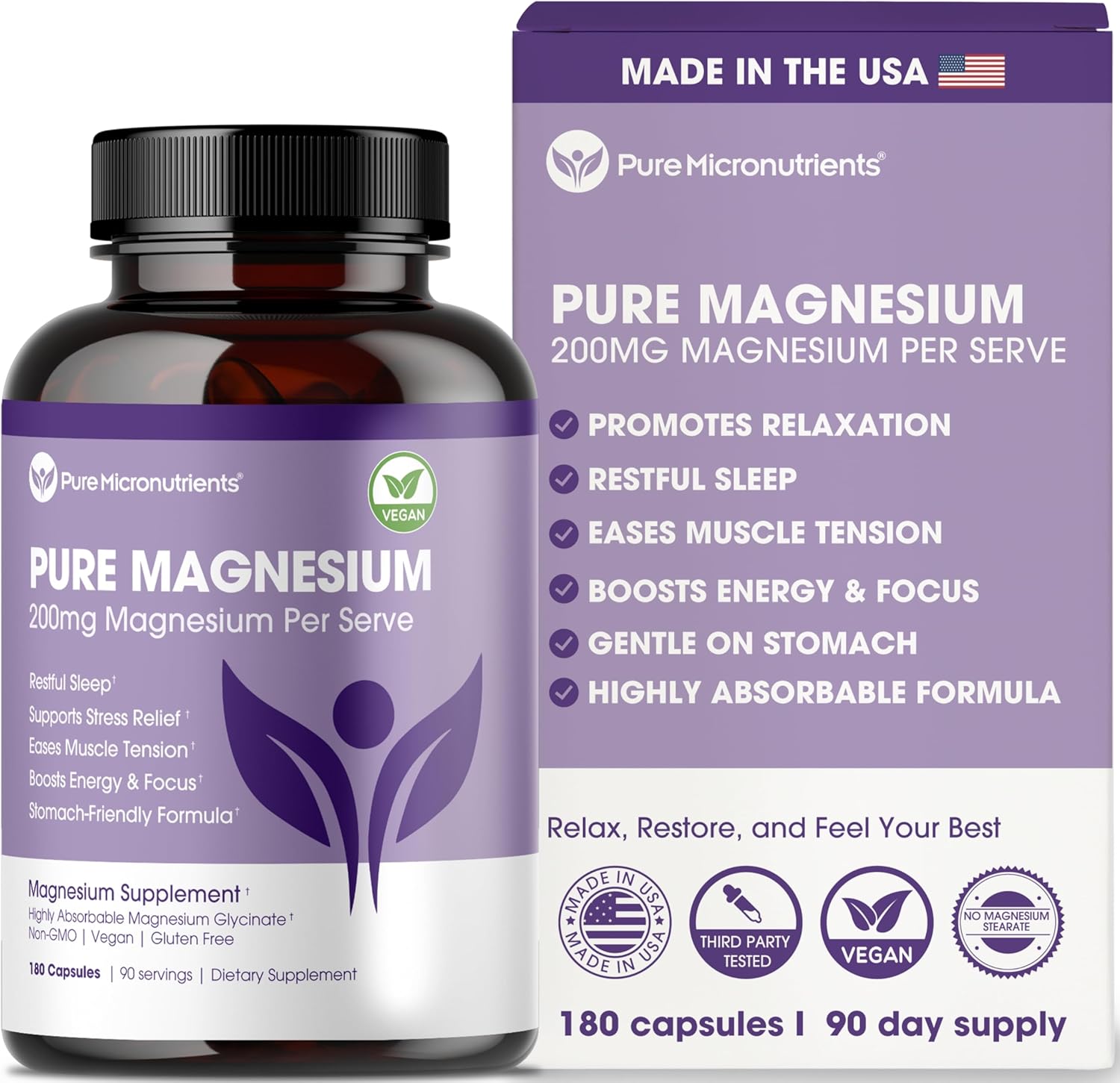 Pure Micronutrients Magnesium Glycinate Supplement (Chelated) 200mg Per Serve, 180 Count