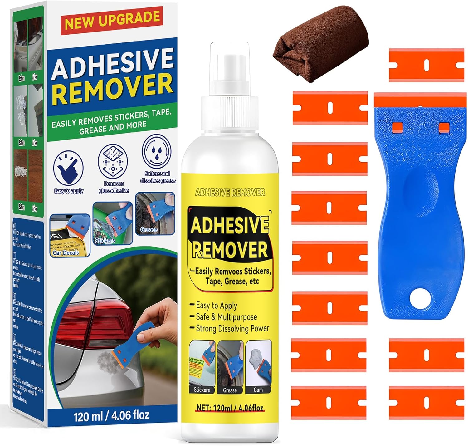 Sticky Stuff Remover, Adhesive Remover With Plastic Scraper Tool & 10 Blades, for Tape, Sticker Residue, Tar, Grease, Chewing Gum, Wax, Wet Paint, Crayon, Floor and More, 4.06 Fl oz