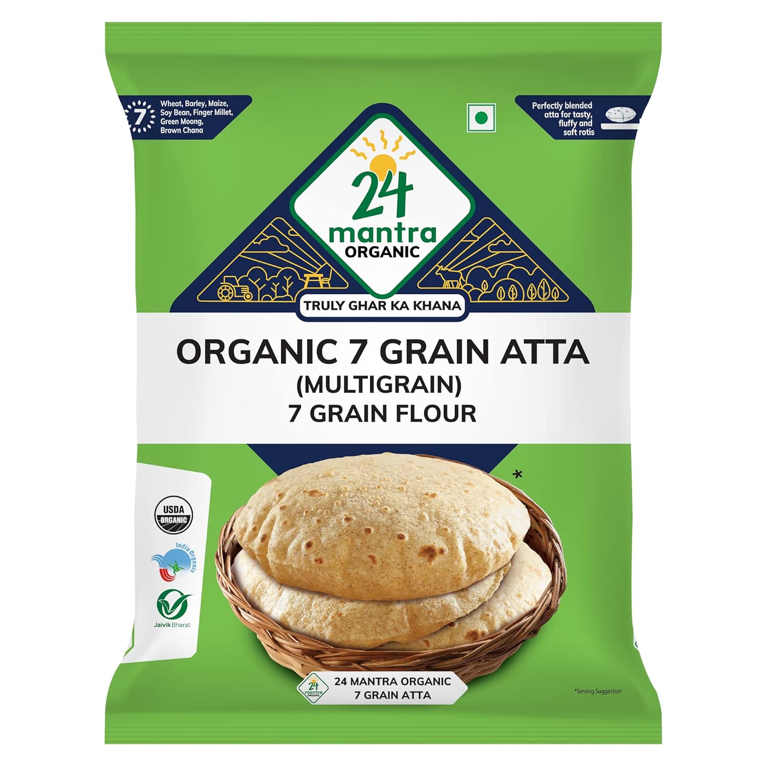 Organic 7 Grain Atta 1Kg/2.2 lb (Wheat, Pearl Millet, Sorghum, Green Mungbean, Barley, Ragi, Soybean) - 24 Mantra Organic