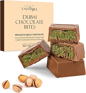 Eastanbul Dubai Chocolate Bar Pistachio, 11.3oz, Premium Pistachio Dubai Chocolate Bar, 16 Pieces Bites with Shredded Phyllo Dough, Knafeh, Viral Candy, Gift Box
