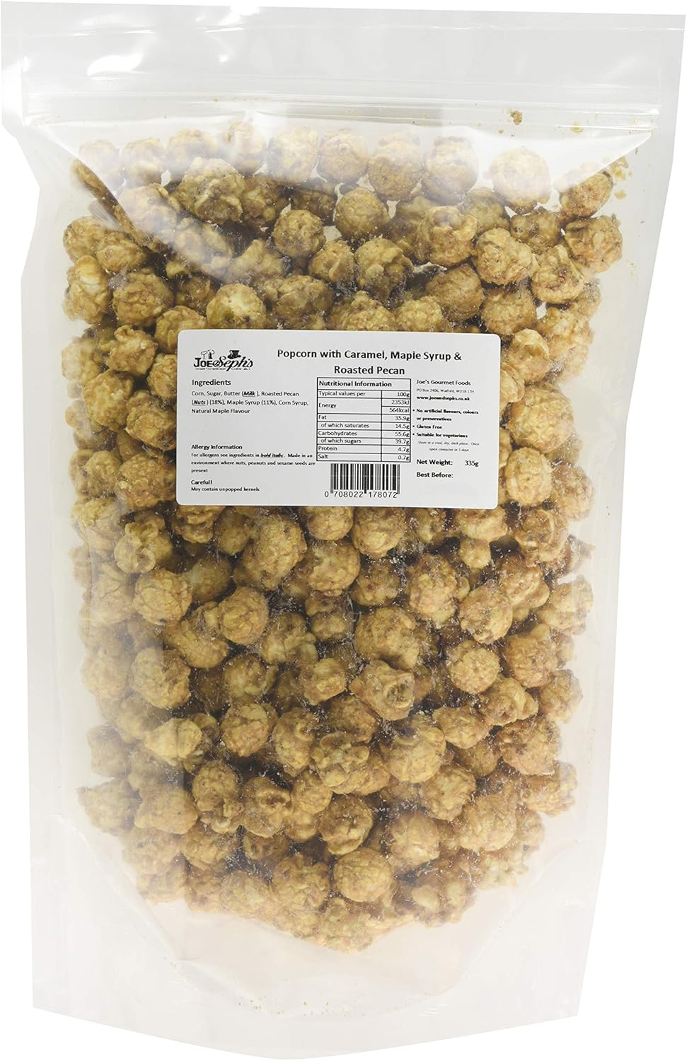 Joe & Seph's Maple Syrup & Pecan Popcorn Bulk Party Pack - 1x 335g Bag | Gluten Free | Suitable for Vegetarians | Handmade in UK - 335g Bag