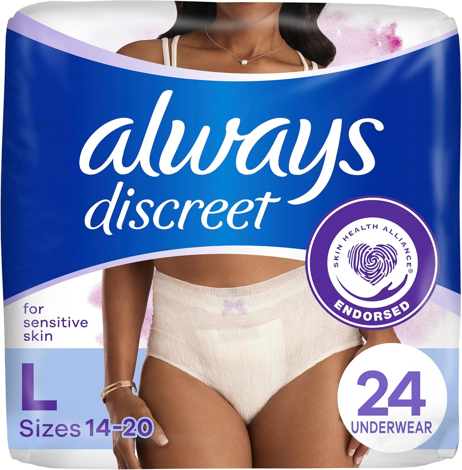 Always Discreet for Sensitive Skin Underwear, Four Times Skin Protection, Dermatologically Tested, Fragrance-Free, Maximum Absorbency, Large, 24 Count