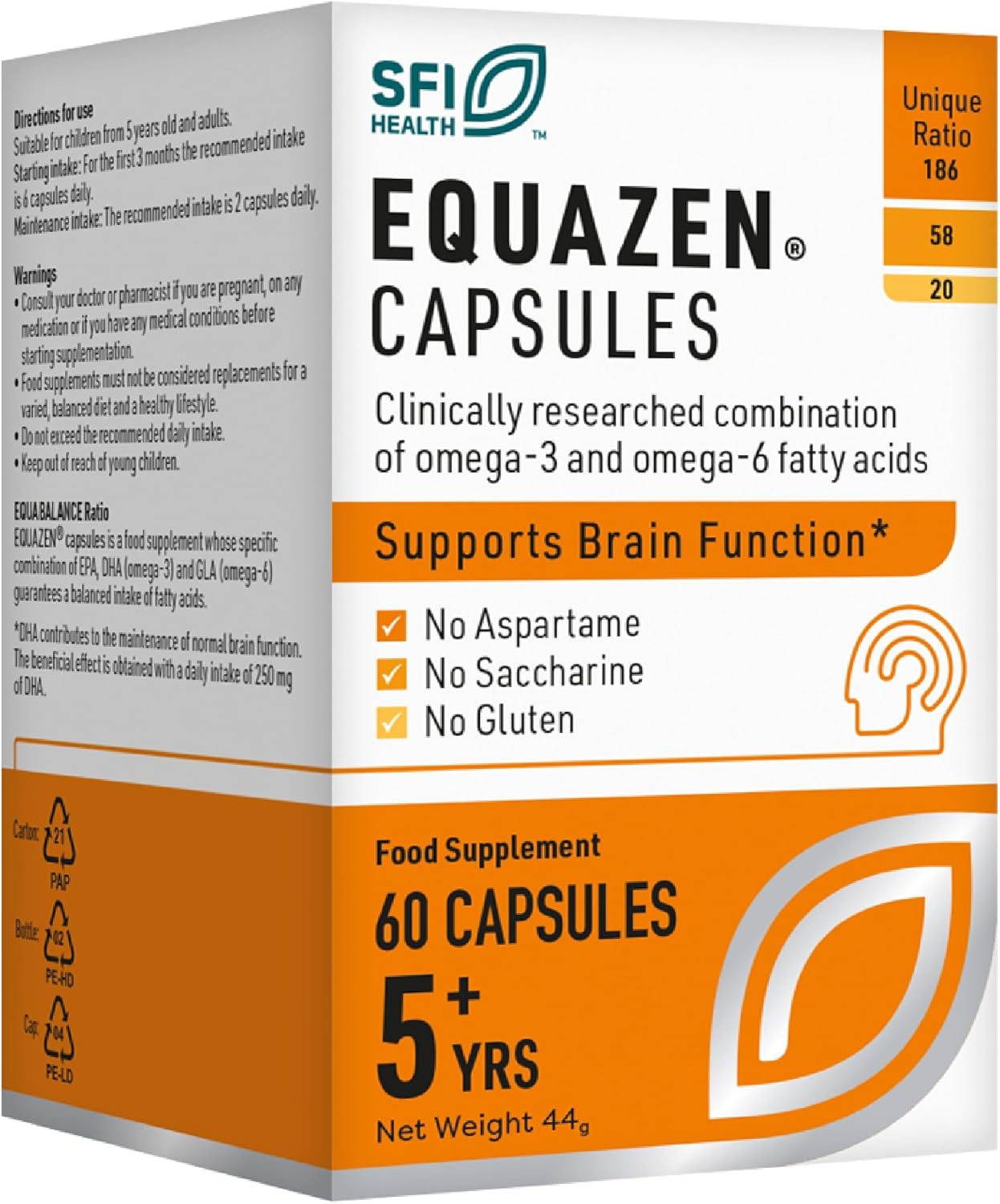 EQUAZEN Capsules | Omega 3 & 6 Fish Oil Supplement | Supports Brain Function | Blend of DHA, EPA & GLA | Suitable for Children 5+ to Adults | 60 Capsules
