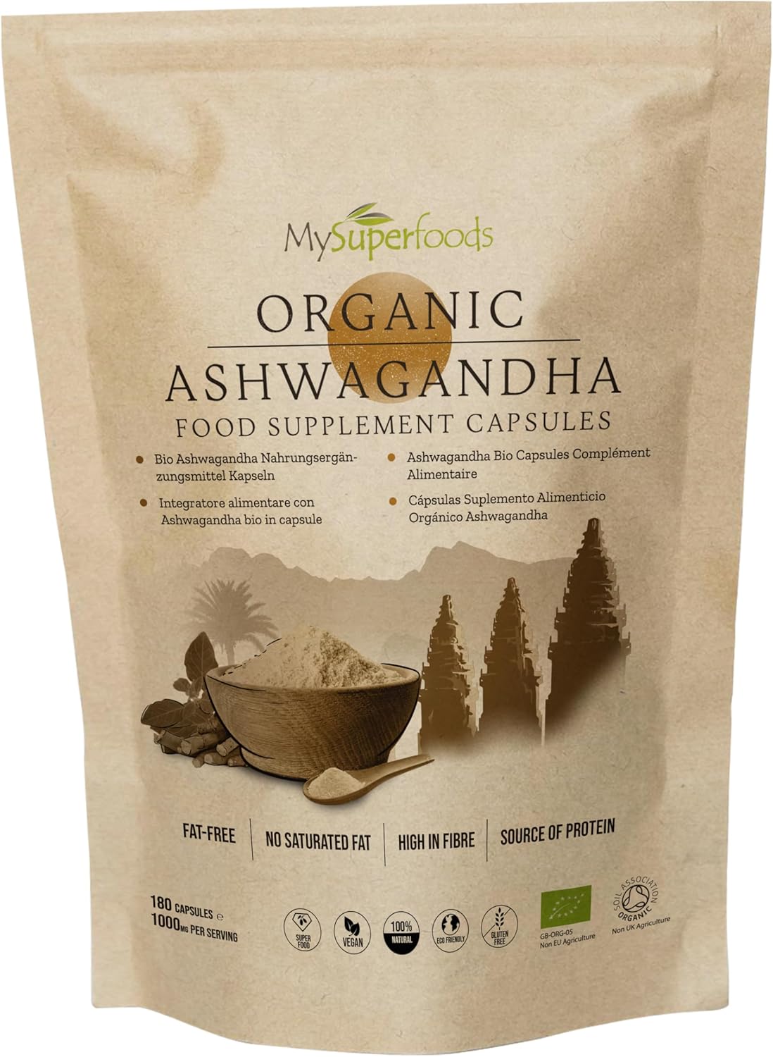 Ashwagandha Capsules | Organic | 1000mg per Serving | 180 Capsules | Stress Relief, Energy, Strength & Endurance | MySuperfoods