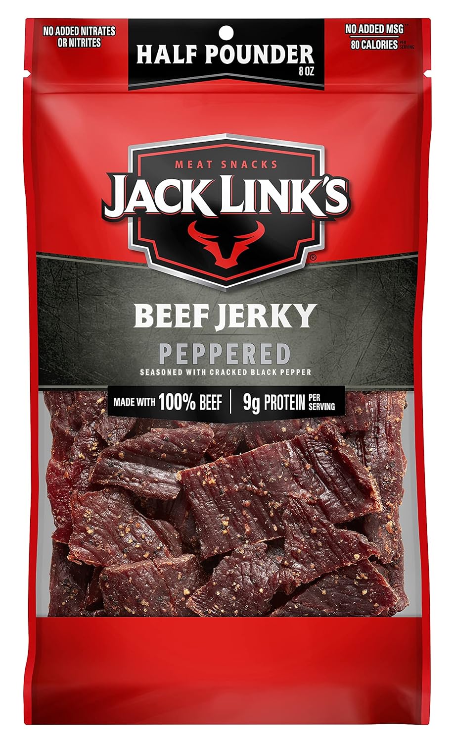 Jack Link's Beef Jerky, Peppered, Half Pounder Large Jerky Bag - Flavorful Meat Snack, Ready to Eat Protein Snacks with 9g of Protein per Serving, Made with 100% Beef