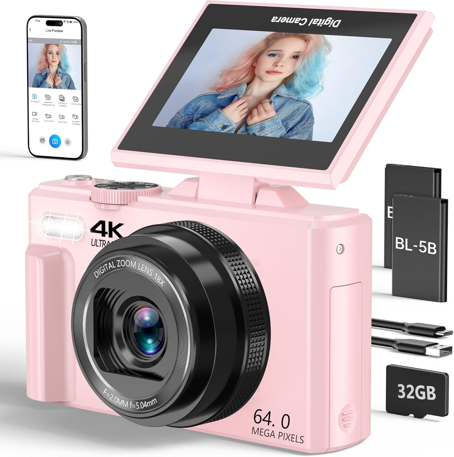 4K Digital Camera for Photography, 64MP Vlogging Camera for YouTube with 3" 180° Flip Screen, 18X Digital Zoom Point and Shoot Camara with 32GB Micro SD Card for Beginner (Light Pink)