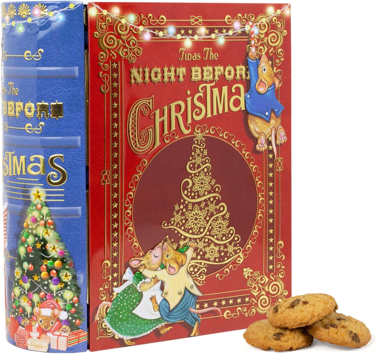 Night Before Christmas Book Gift Set - Christmas Biscuits Tin, Novelty Biscuit Tins with 400g (4 x 100g) Mini Chocolate Chip Cookies - Luxury Biscuits Gifts for Women and Men