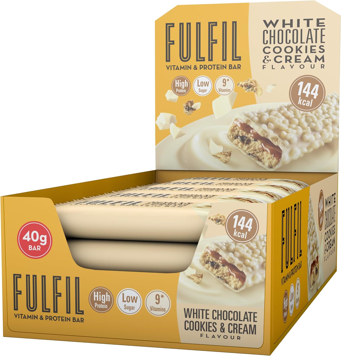 FULFIL Vitamin and Protein Bars (15 x 40 g Bars) — White Chocolate Cookies and Cream Flavour — 15g High Protein, 9 Vitamins, Low Sugar