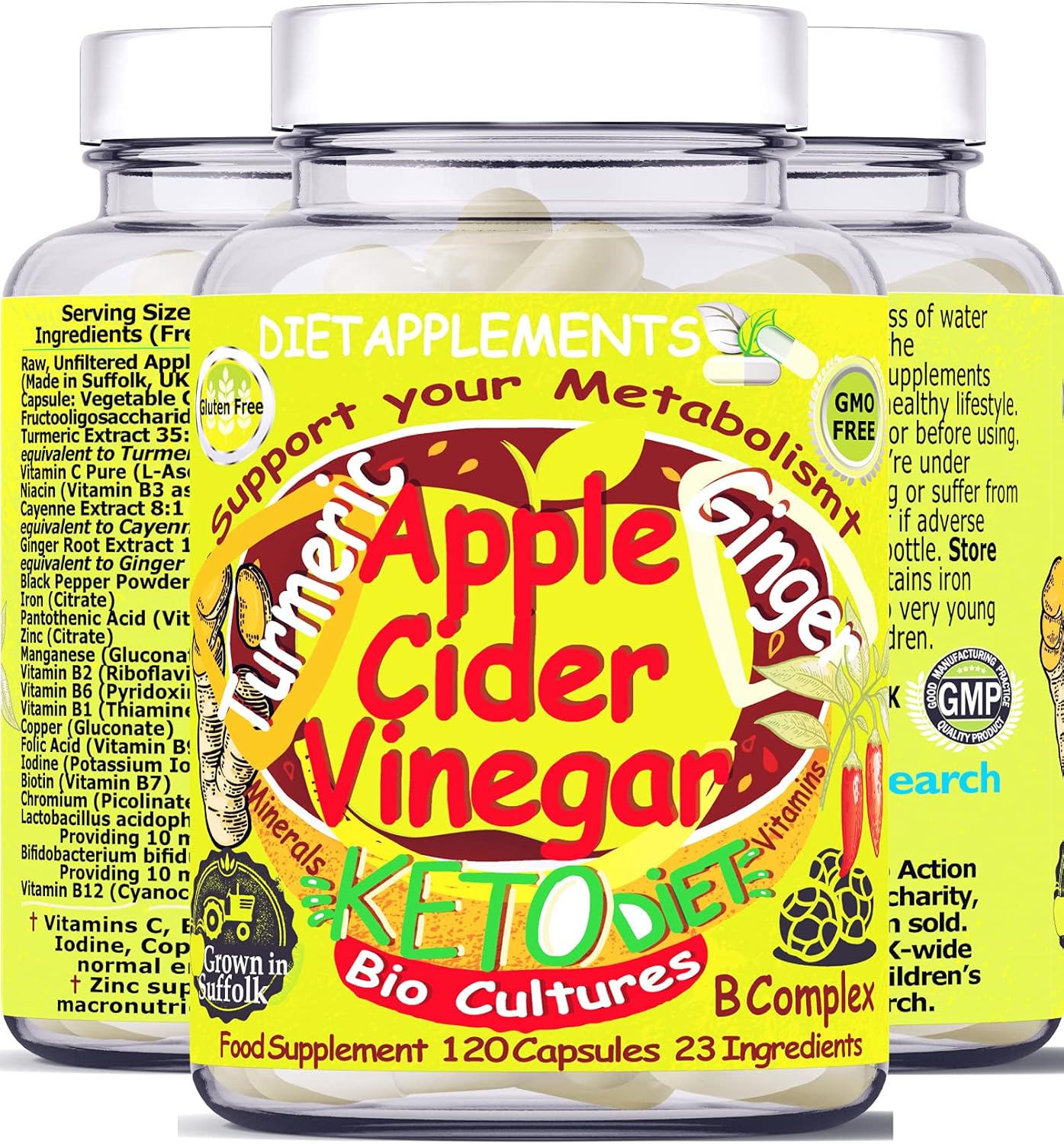 Raw Unfiltered Apple Cider Vinegar with The Mother, Turmeric 1400mg, Ginger, Black, Cayenne Pepper, Bio Cultures. 2775mg/serving. Metabolism Vitamins. Vegan Vegetarian High-Strength Complex. (1)