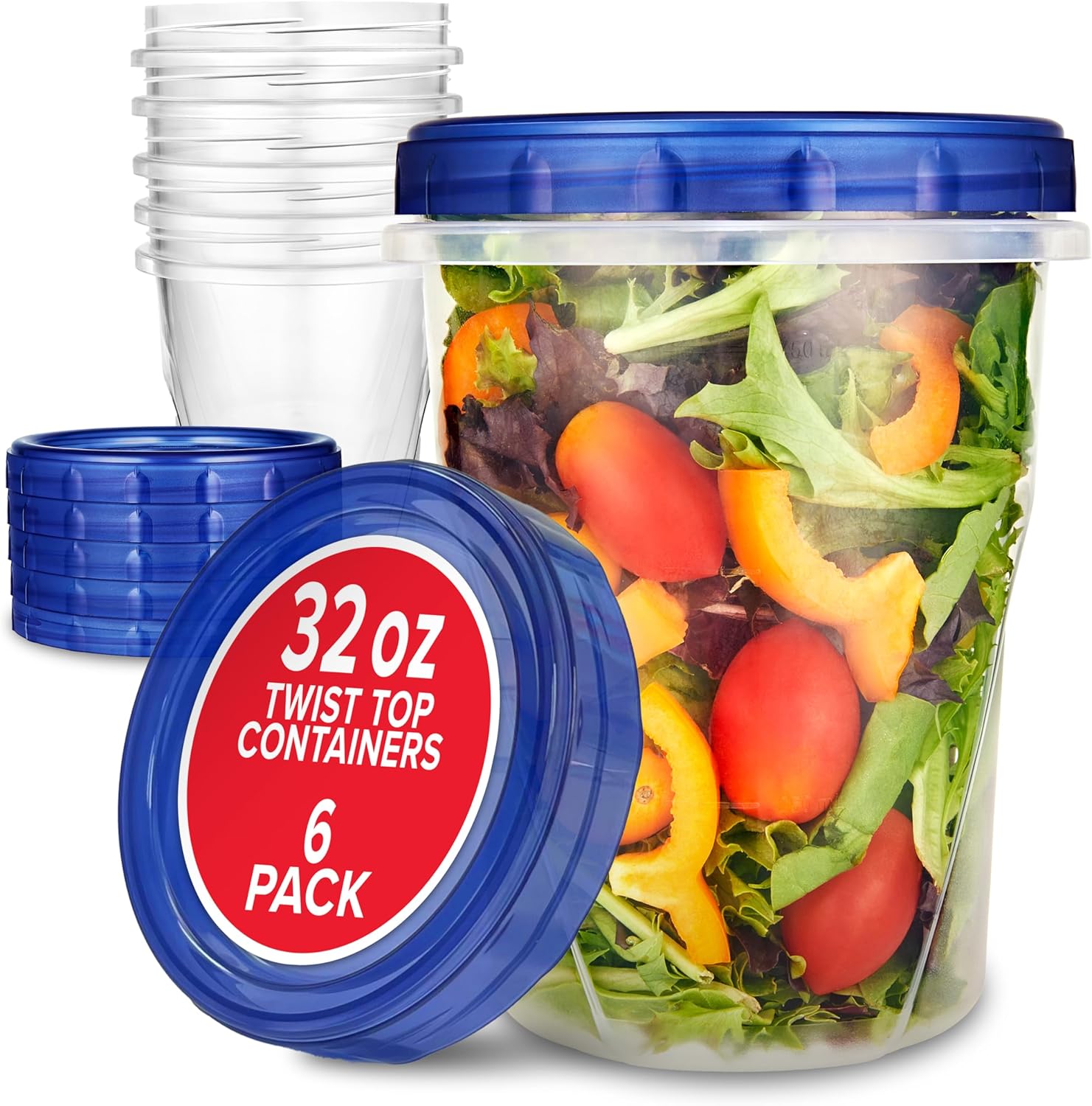 Stock Your Home 32oz Plastic Containers with Twist Top Lids (6 Pack), Quart Freezer Containers with Airtight Lids for Leftover Food, Microwave and Dishwasher Safe