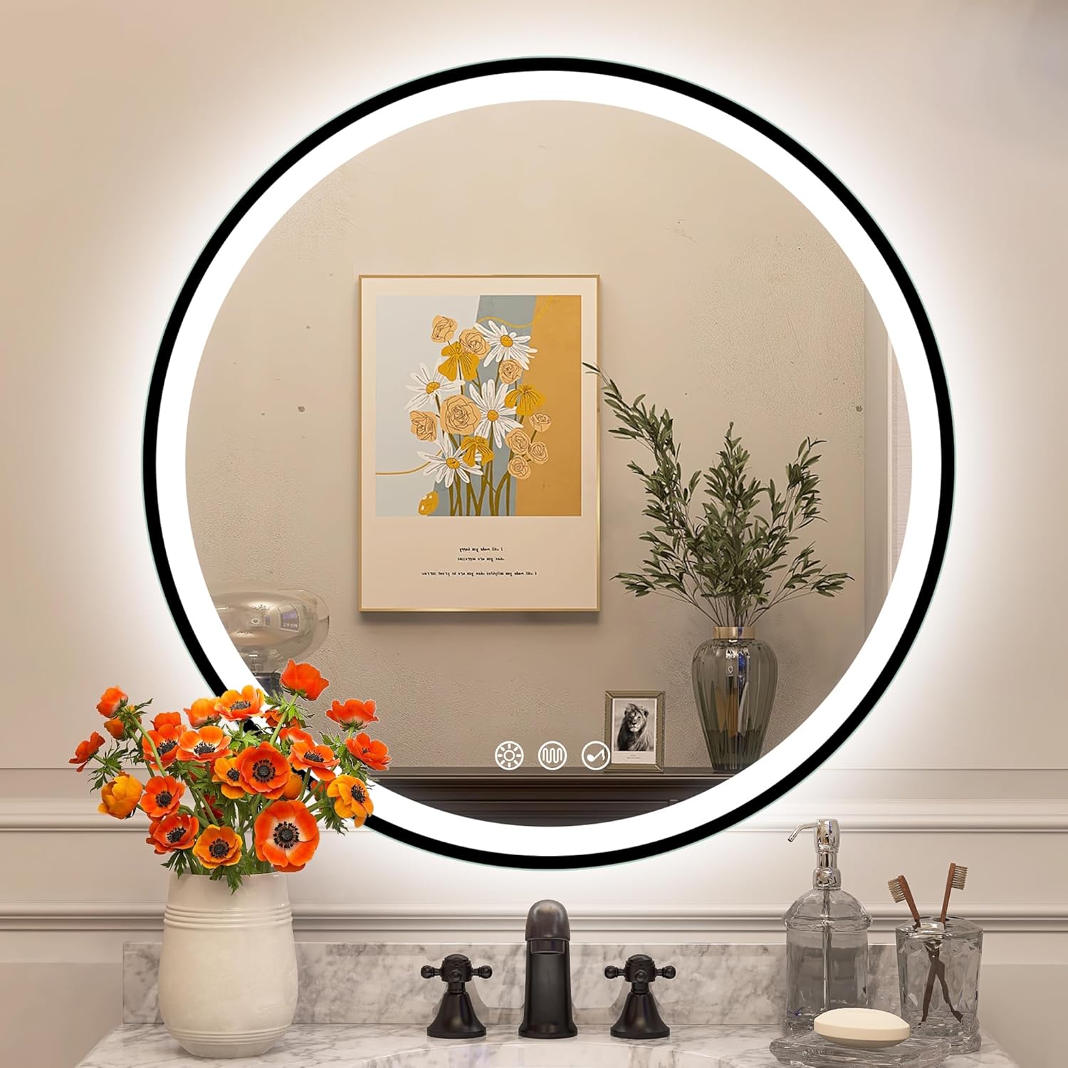STARLEAD 600 mm Round-Bathroom-Mirror-with-LED-Lights and Bluetooth, LED-Bathroom-Wall-Mirror with Anti-Fog, 3 Colors Dimmable, Memory Function, Tempered Glass, IP44, Black Painted, Not Metal Frame