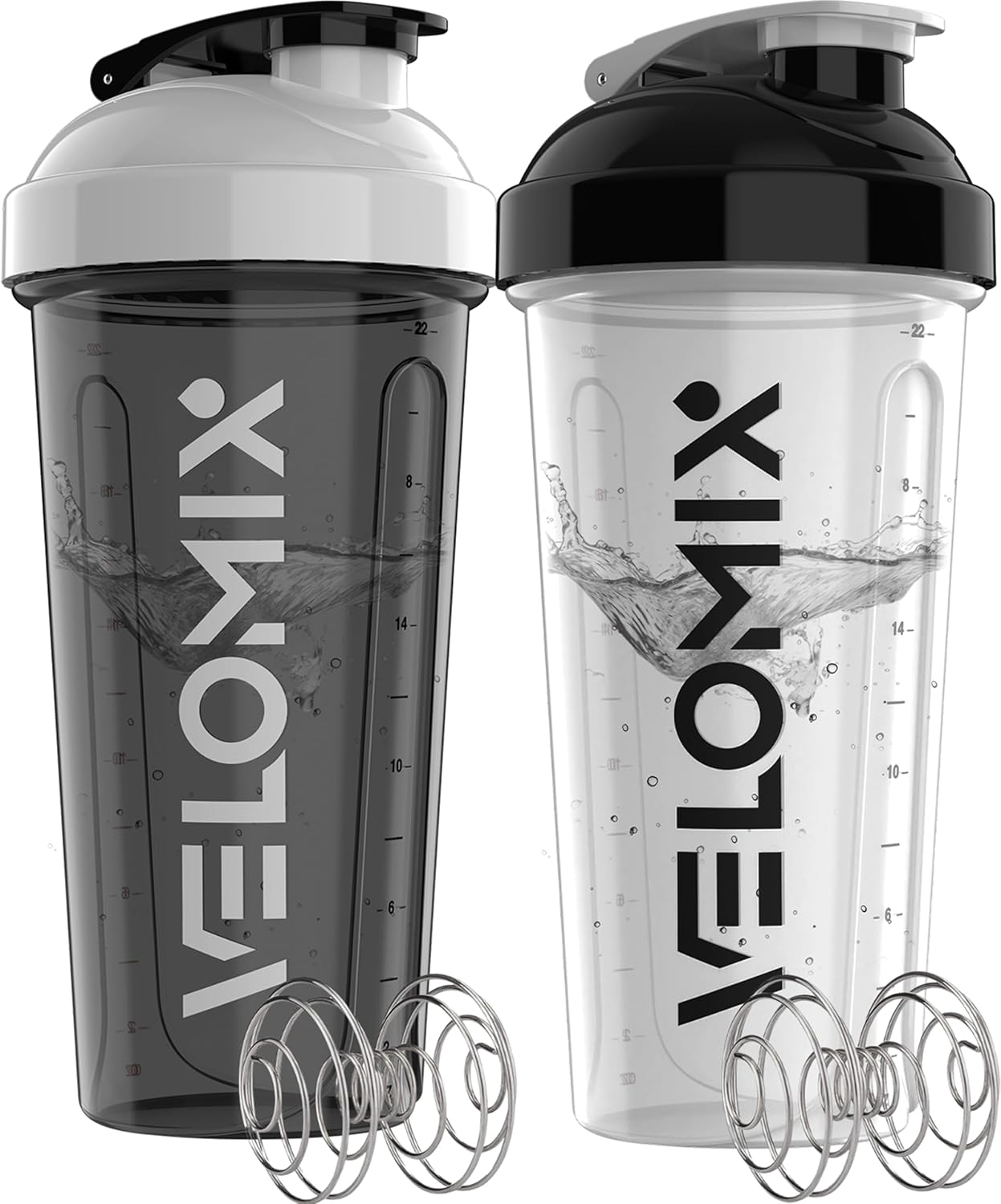 VELOMIX -2 Pack- 28 oz Protein Shaker Bottles for Protein Mixes - 2x Wire Whisk | Leak Proof Shaker Cups for Protein Shakes | Protein Shaker Bottle Pack (Black/White)
