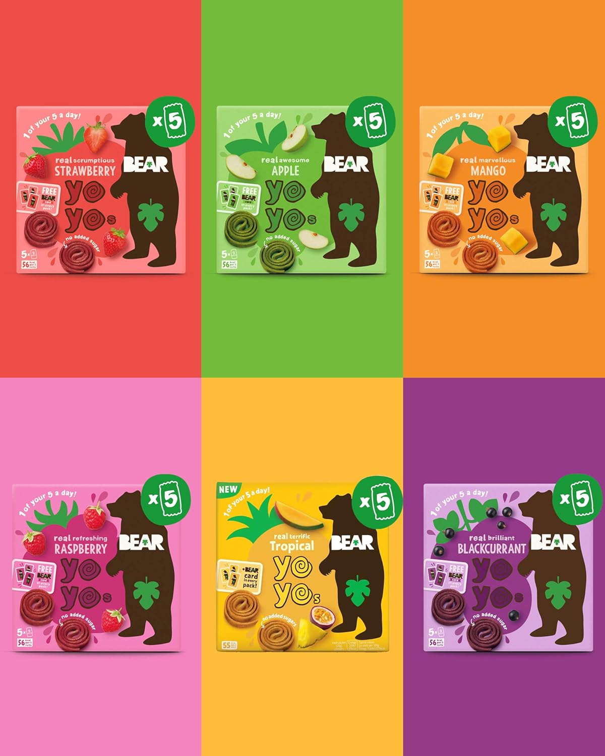 Bear Yoyo Pure Fruit Roll Ups - Yoyo Bear Multipack Pack of 30 - (6x5) 20g. Kids Snacks Finger Rolls. Vegan, Gluten Free, No Added Sugar, 1 of 5 a Day. Inc; Strawberry, Apple, Mango, Blackcurrant.