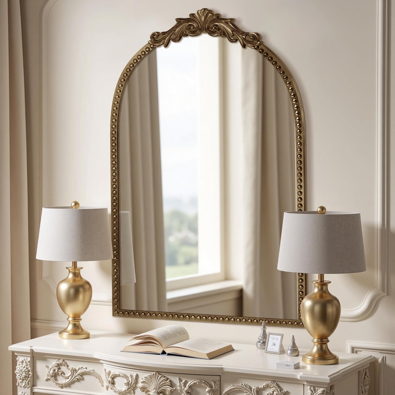 Vintage Wall Mirror 24"x36" - Elegant Metal Beaded Frame for Living Room, Bedroom, Bathroom, Fireplace, or Entryway, Full Length Decorative Mirror, Antique Bronze