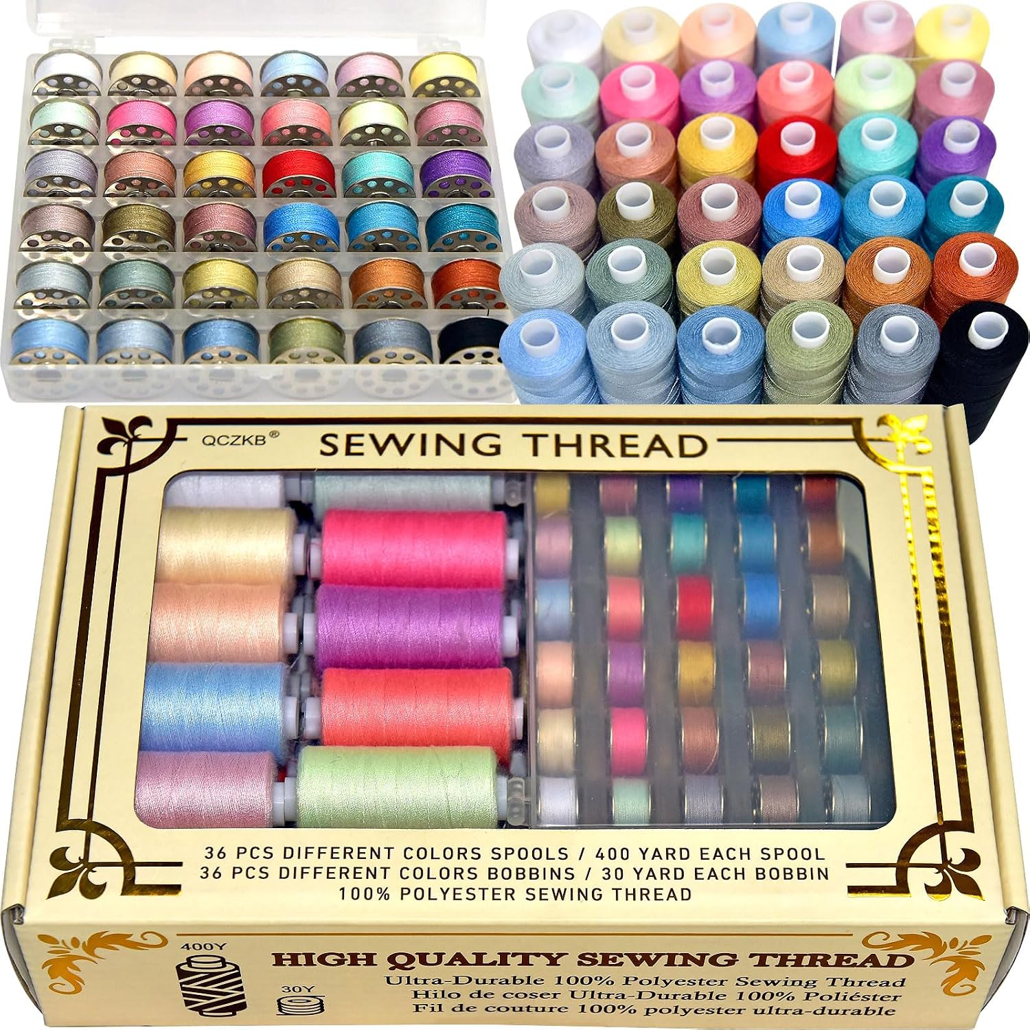 72Pcs 36 Colors Prewound Metal Bobbins and 36 Colors Sewing Thread Spools for Hand & Machine Sewing, Emergency and Travel, DIY and Home(Morandi Color)