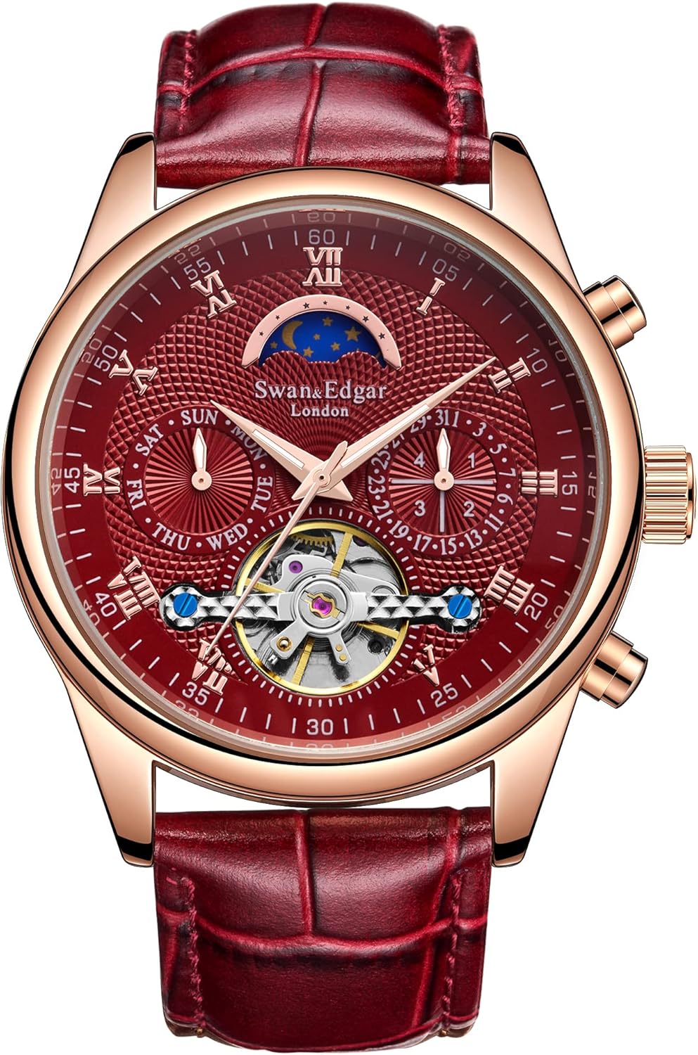 SWAN AND EDGAR Complexity - Automatic Watch for Mens | Moon Face & Open Heart Skeleton Dial | Stainless Steel Case, Sapphire Crystal, Genuine Leather Strap, 30M Water Resistant, 5-Year Warranty