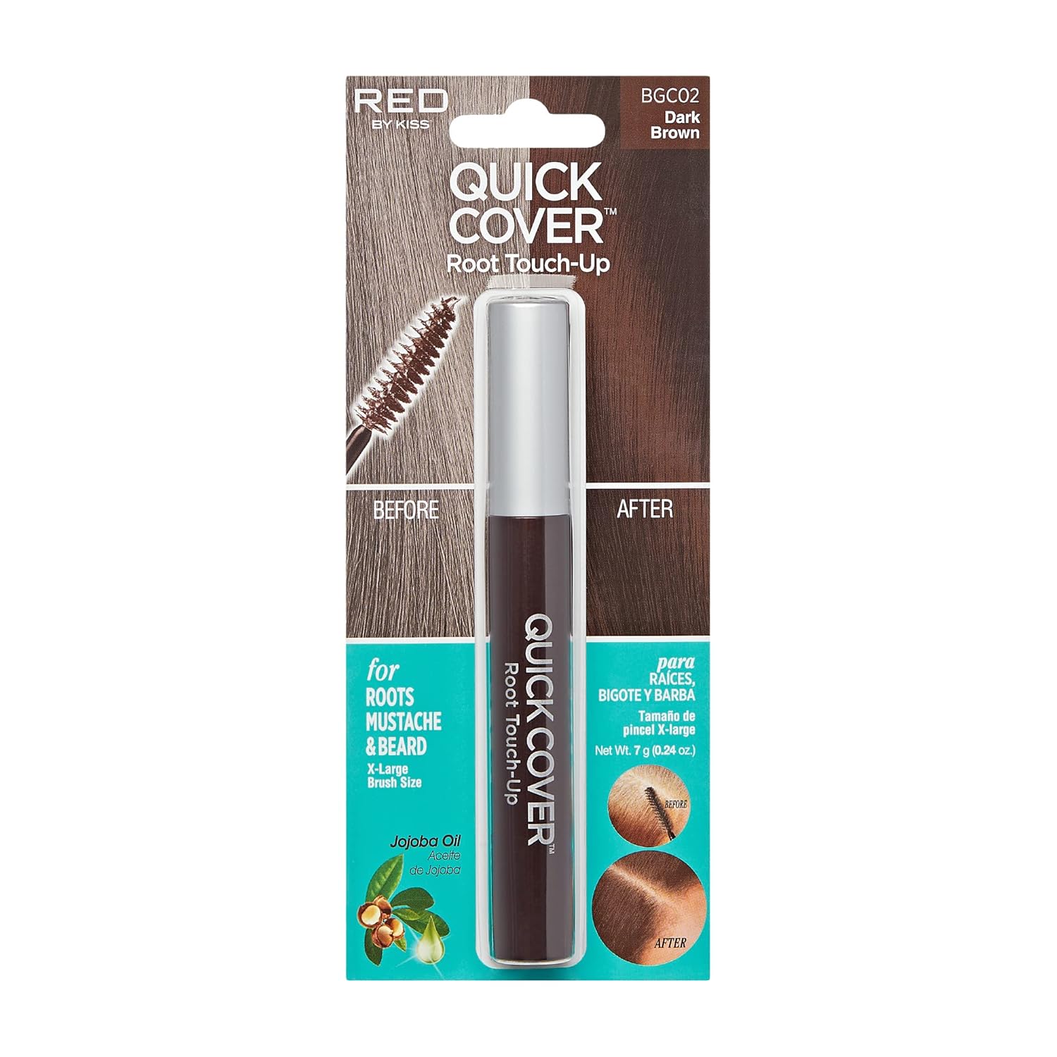 RED by KISS Quick Cover Root Touch Up Rescue (Dark Brown), Mascara Natural Water-Resistant Temporary Gray Concealer Cover Up Brush for Hair Mustache & Beard, Formulated with Jojoba Oil