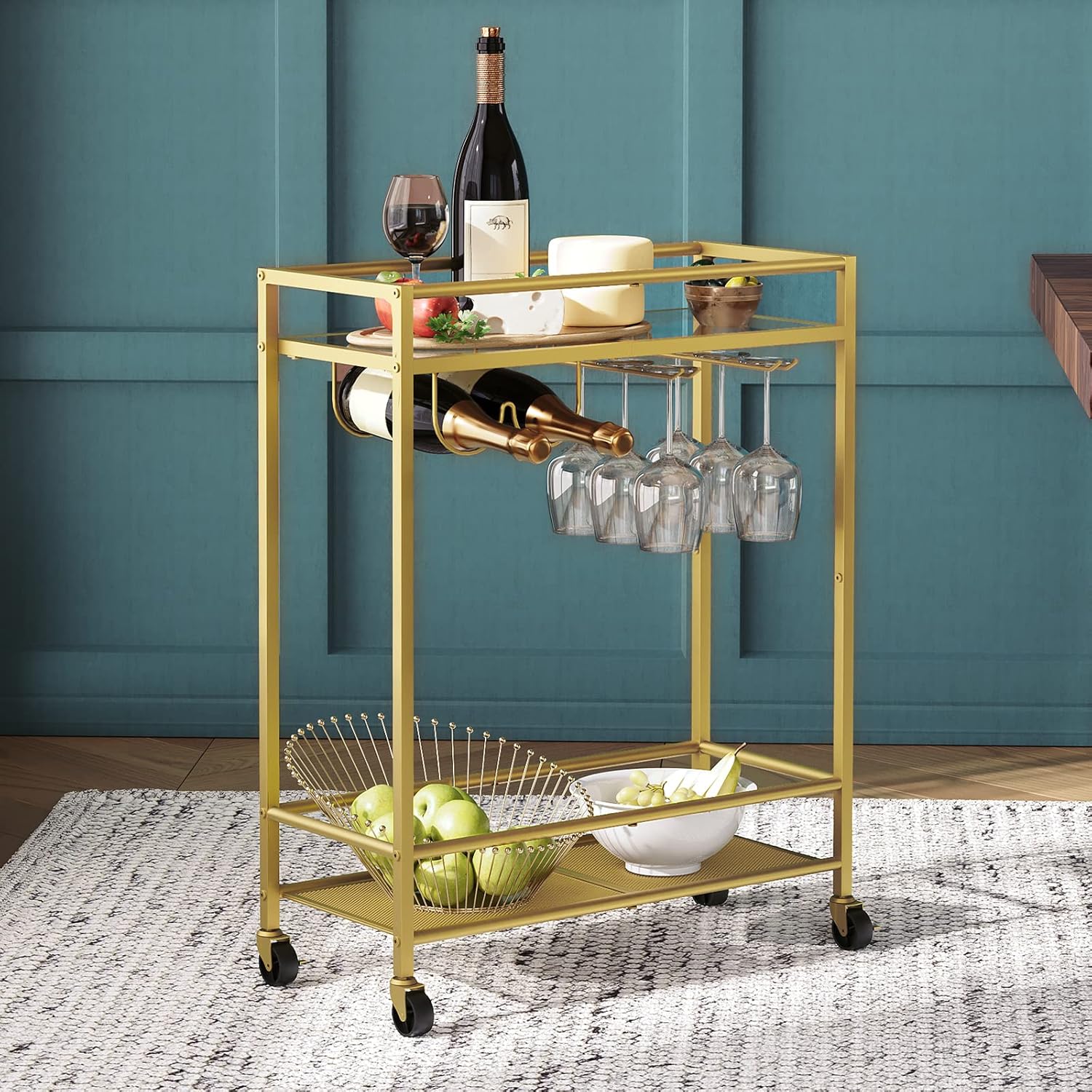 Gold Bar Cart, Serving Cart for Home, Beverage Cart with Wine Rack and Glass Holder, 2-Tier Drink Cart on Wheels, Rolling Kichen Cart for Bar, Kitchen, Dining Room, Gold RCJ63B01Z