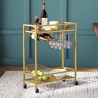 Gold Bar Cart, Serving Cart for Home, Beverage Cart with Wine Rack and Glass Holder, 2-Tier Drink Cart on Wheels, Rolling Kichen Cart for Bar, Kitchen, Dining Room, Gold RCJ63B01Z