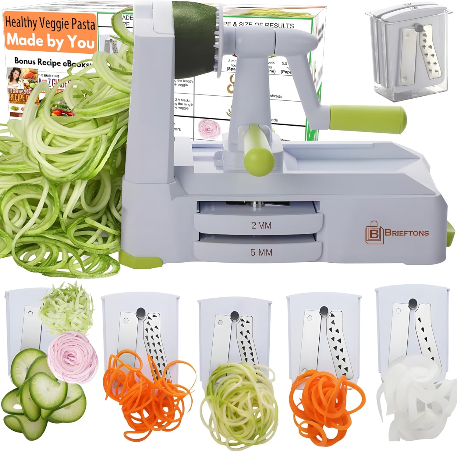 Brieftons 5-Blade Vegetable Spiralizer: Strongest-Heaviest Spiral Slicer, Best Veggie Pasta Spaghetti Maker for Low Carb/Paleo/Gluten-Free/Vegan Meals, With Extra Blade Caddy, 4 Recipe Ebooks