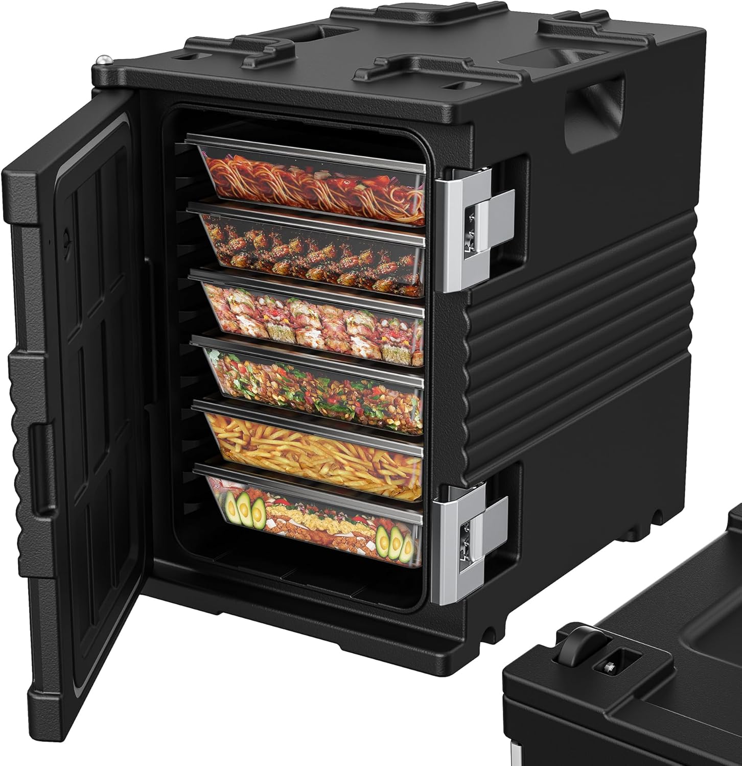 95Qt Food Warmer with Wheels, 304 Stainless Steel Latch and Door Shaft, Catering Food Warmers for Parties, LLDPE Insulated Food Carrier for 6 Full-Size Pans (NOT Included), Hot Boxes for Catering