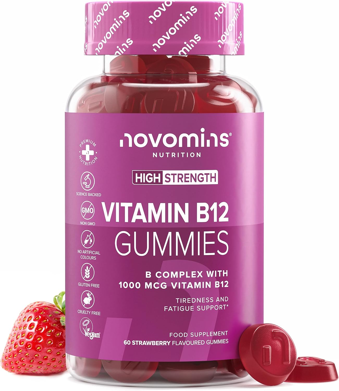 Vitamin B12 Gummies - Vegan - High Strength - 1 Month Supply - Vitamin B12 1000 MCG – Enriched with Vitamin C, B1, B2, B6, Biotin - Gummies Made by Novomins