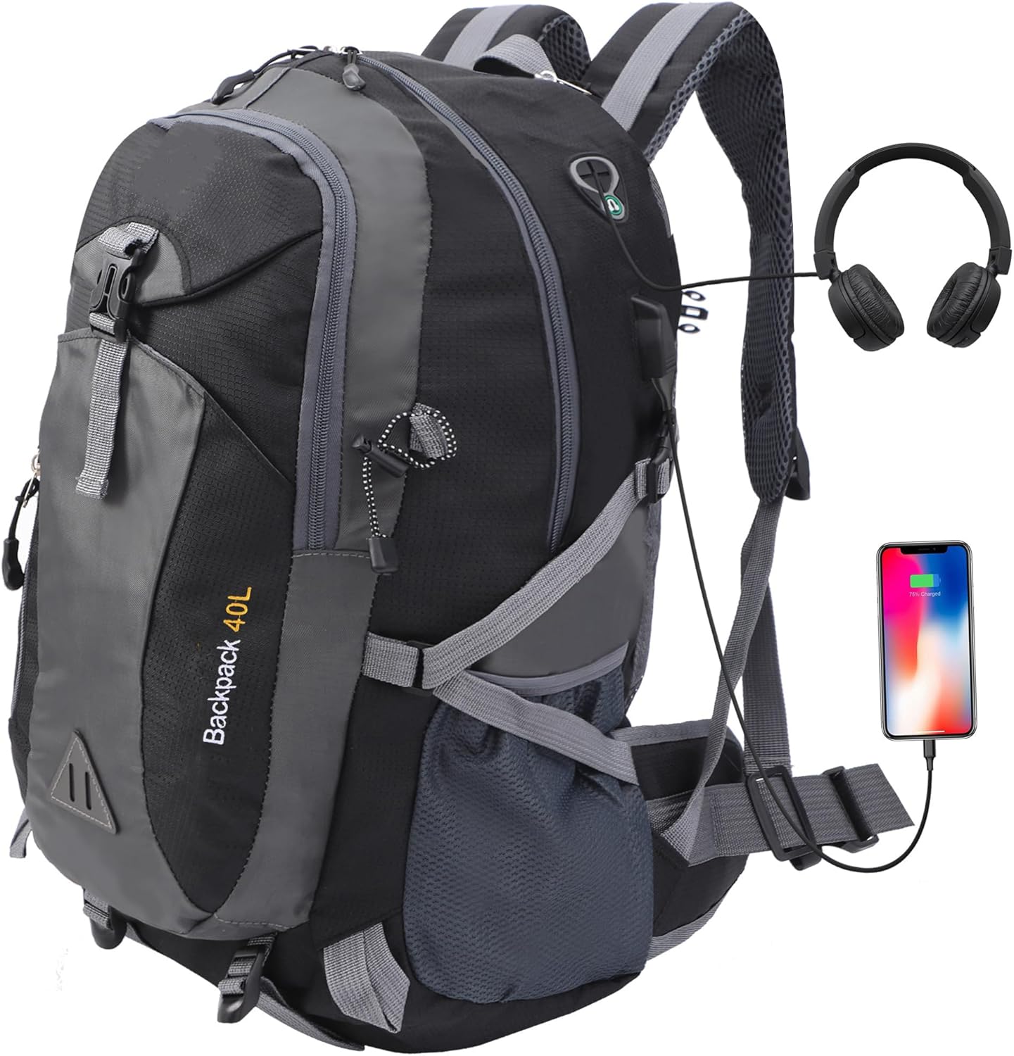 40L Hiking Backpack, Waterproof Lightweight Travel Daypack Backpack with charging port & Headphone jack, Backpack for Men Women Camping Trekking Outdoor Back Pack Bag, Black