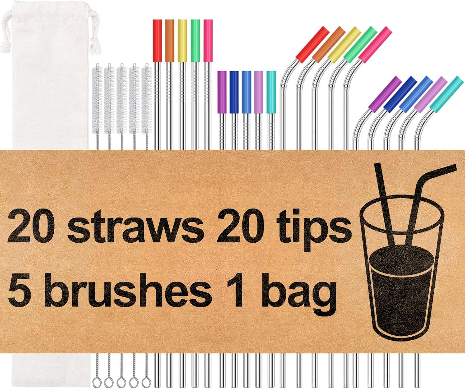 20 Pack Reusable Stainless Steel Metal Straws,10.5" & 8.5" Reusable Drinking Straws with 20 Silicone Tips 5 Straw Brushes 1 Travel Case,Eco Friendly Extra Long Metal Straw Fit for 20 24 30 oz Tumbler