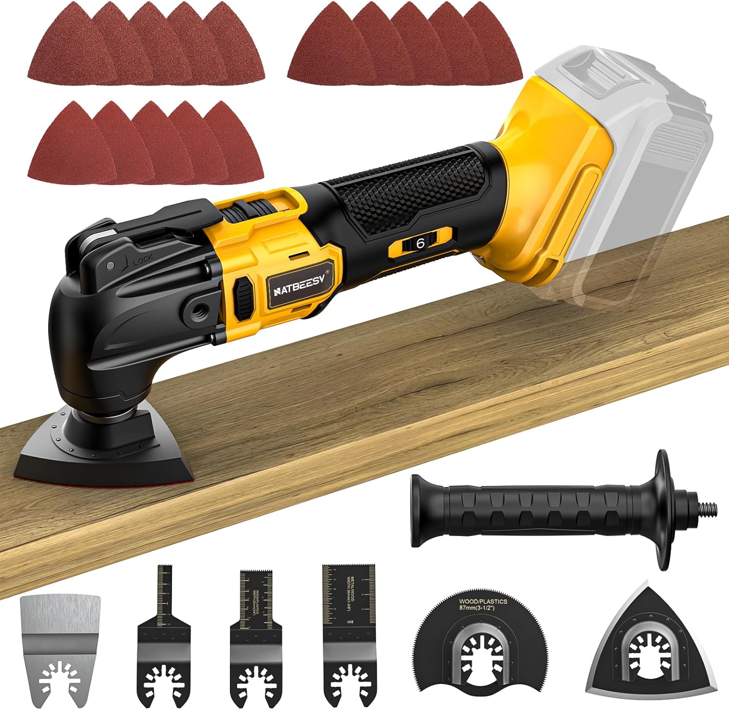 Oscillating Multi Tool Compatible with De-walt 20V Max Battery: Cordless Oscillating Tool - 6 Speed 21000 OPM | Brushless Motor | Woodcutting Blades and Sanding Pad with Sheets | Tool Only