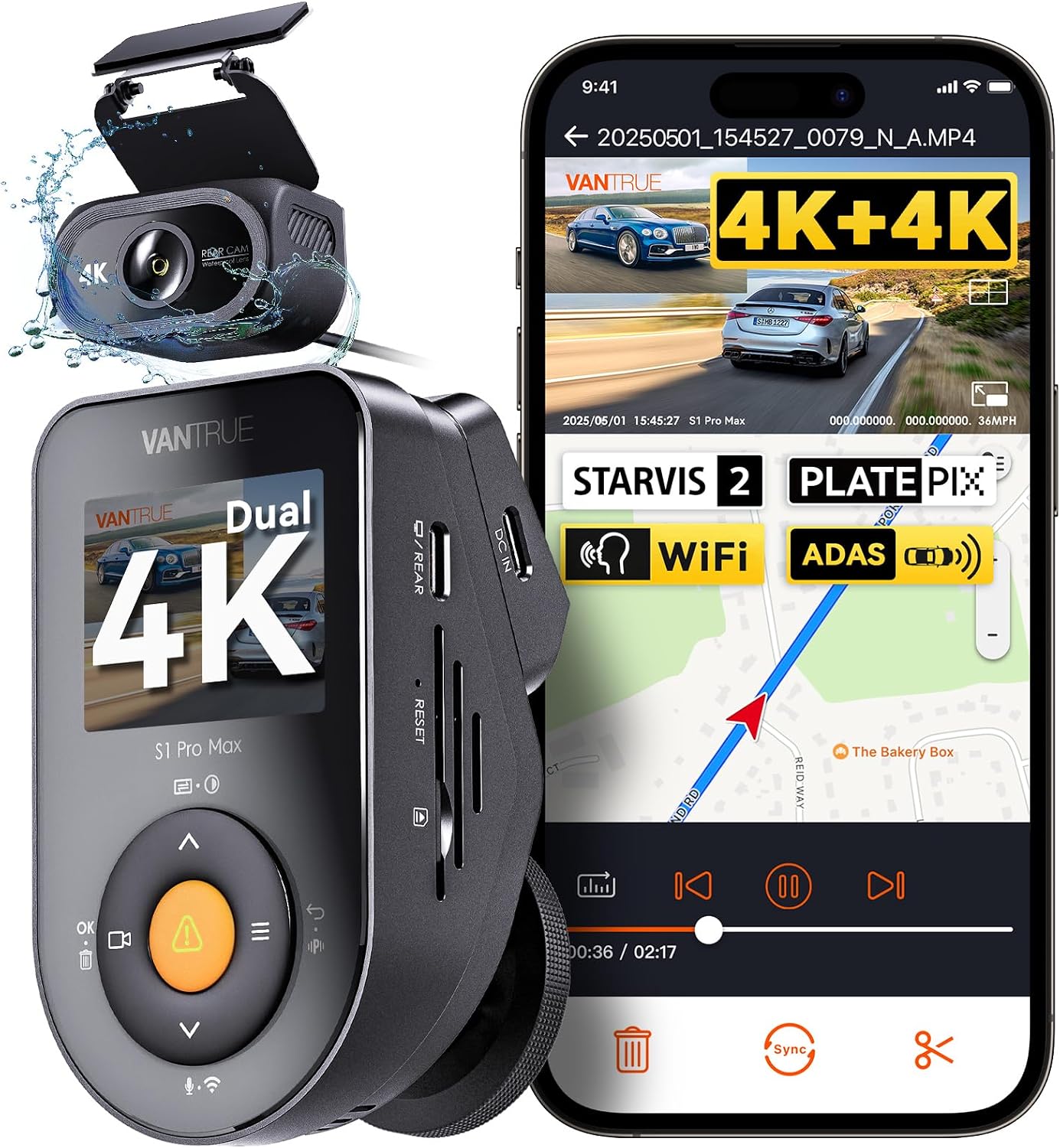 Vantrue S1 Pro Max 4K+4K Dash Cam, Dual STARVIS 2 Dash cam Front and Rear, 2 Channel HDR Dashcam, PlatePix Night Vision, 5G WiFi, Voice Control, GPS, 24H Buffered Parking Mode, Support 1TB Max