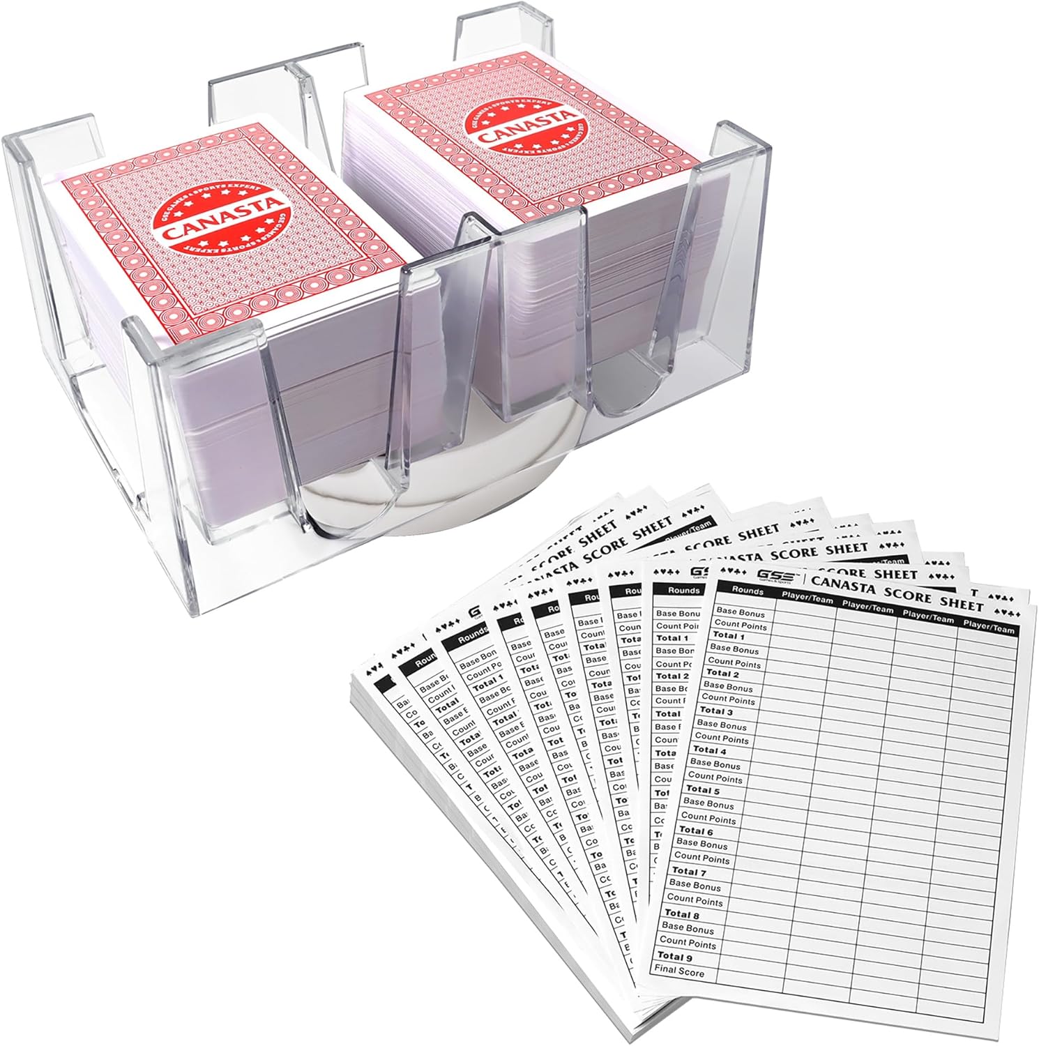 GSE Games & Sports Expert Canasta Cards Game Set, Includes 6 Decks Canasta Playing Cards with Point Values, a Revolving Card Tray, and 100 Canasta Score Sheets (Red)