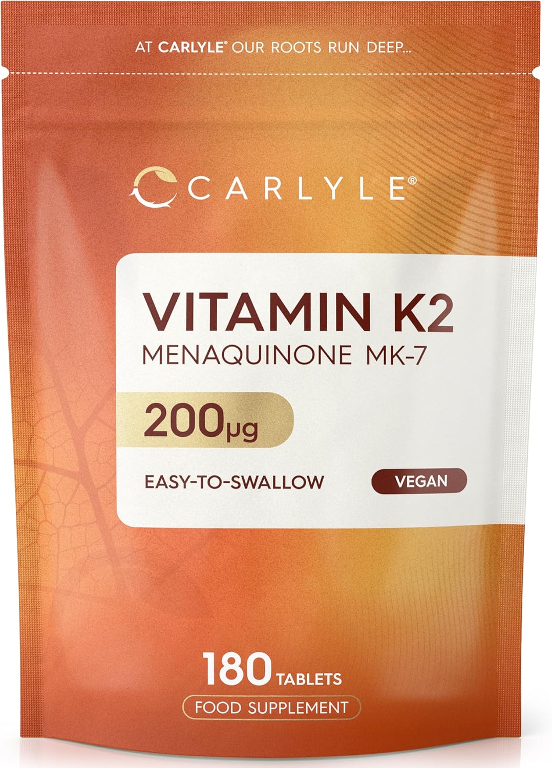 Vitamin K2 MK7 200ug | 180 Vegan Tablets | High Strength Menaquinone-MK7 | Suitable for Vegetarians and Vegans | by Carlyle