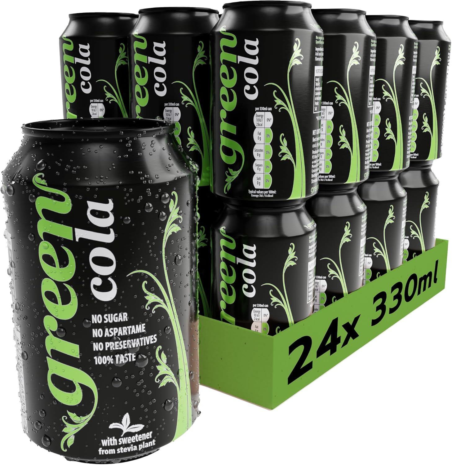 Green Cola - Zero Calorie Sparkling Soft Drinks - Sweetened with Stevia, Sugar-Free, Natural Caffeine, No Aspartame - Delicious and Healthy Alternative Fizzy Drink- Bulk Pack 24 Cans x 330ml