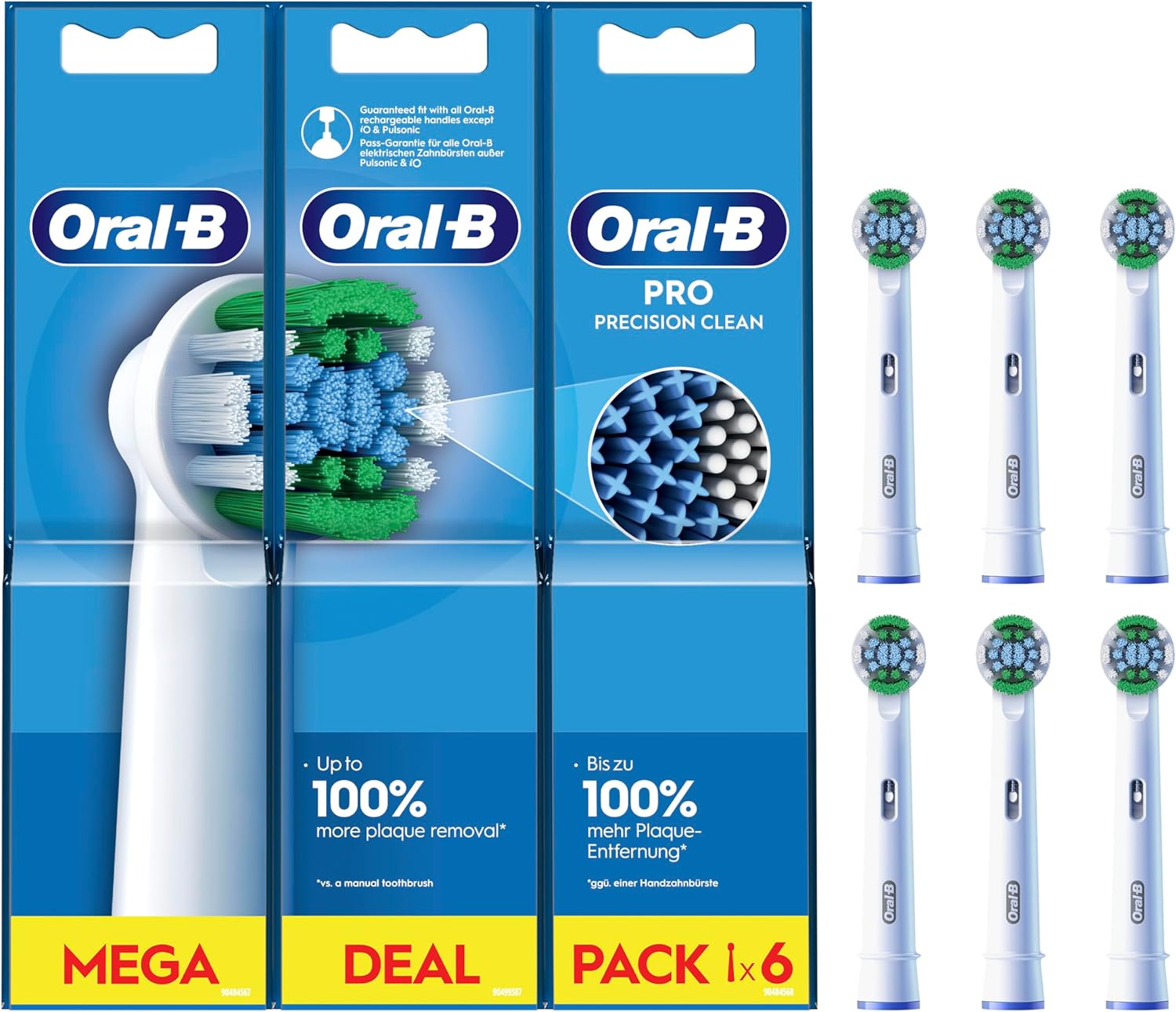 Oral-B Pro Precision Clean Electric Toothbrush Head, X-Shape and Angled Bristles for Deeper Plaque Removal, Pack of 6 Toothbrush Heads, Suitable for Mailbox, White